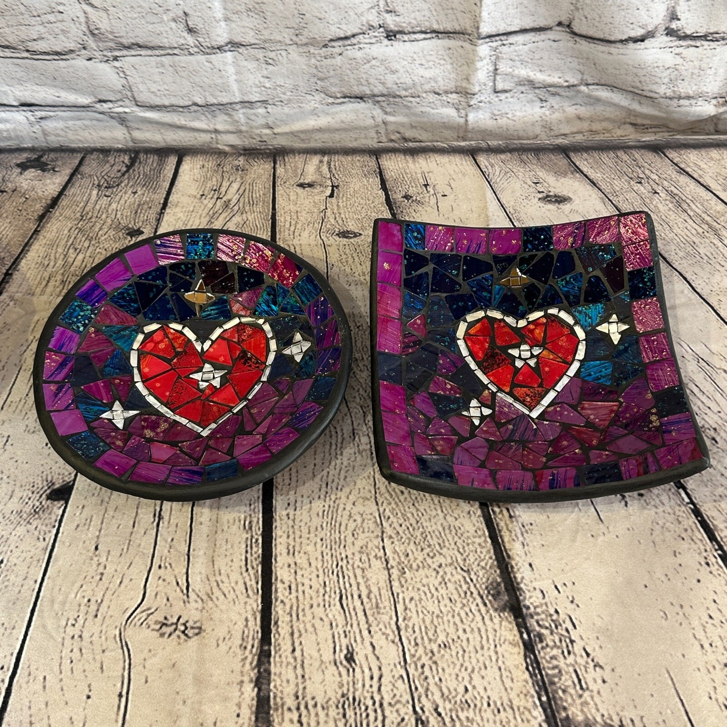 20cm Purple Red Heart Square Mosaic Handmade Ceramic Glass Tile Bowl Fruit
