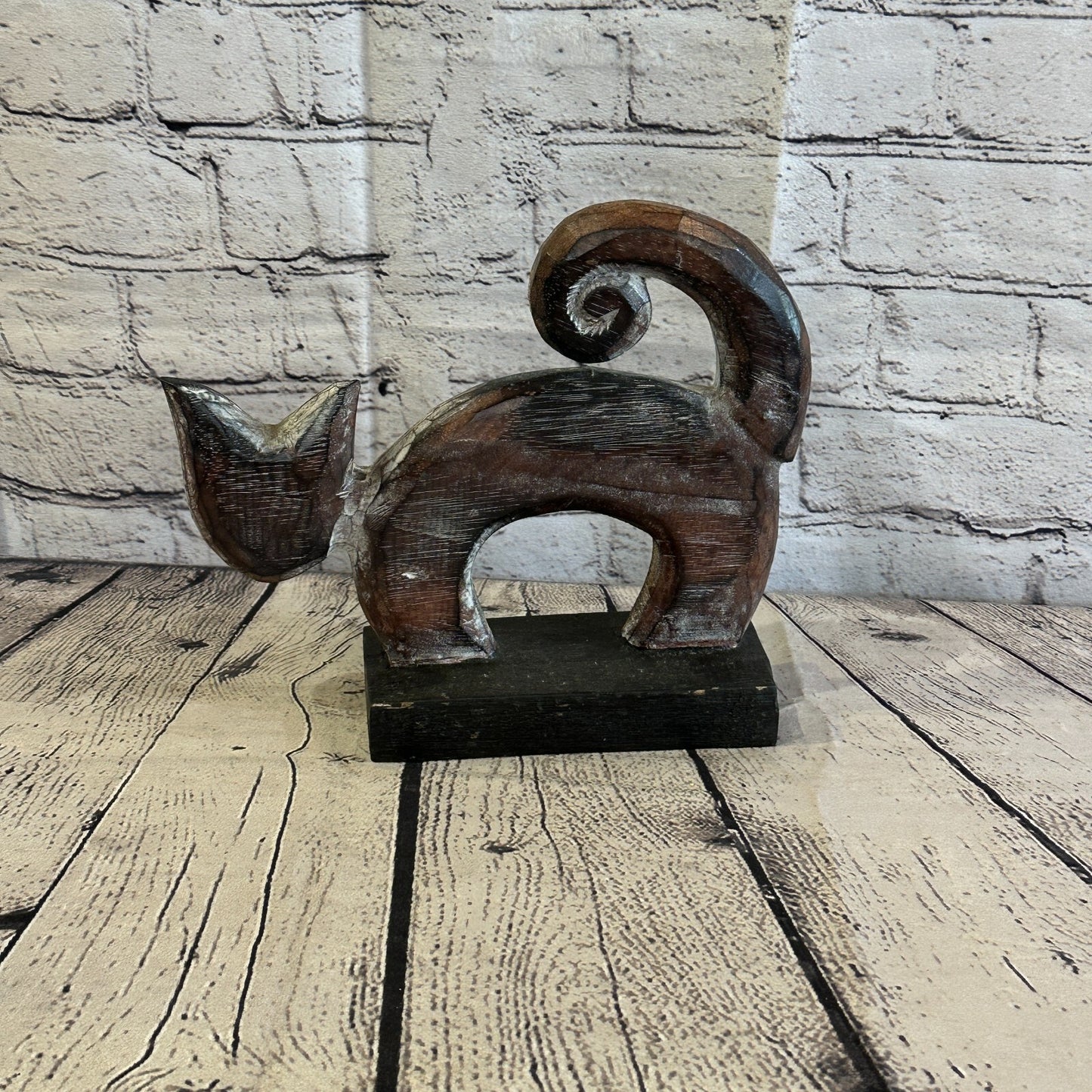 22cm x 20cm Wooden Tribal Primitive Black Cat Stand Sculpture Statue Art
