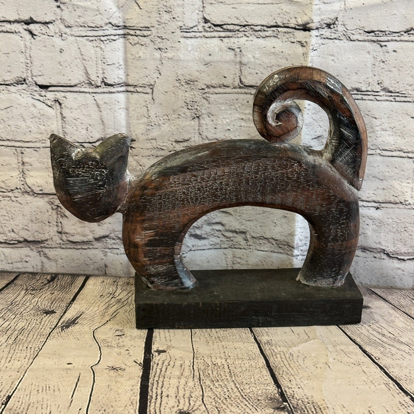28cm x 25cm Wooden Tribal Primitive Black Cat Stand Sculpture Statue Art