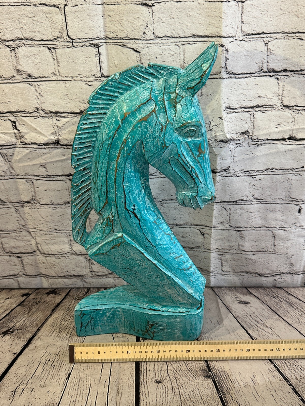 Green Wooden 50cm x 25cm Horse Head Bust Hand Carved Wood Sculpture