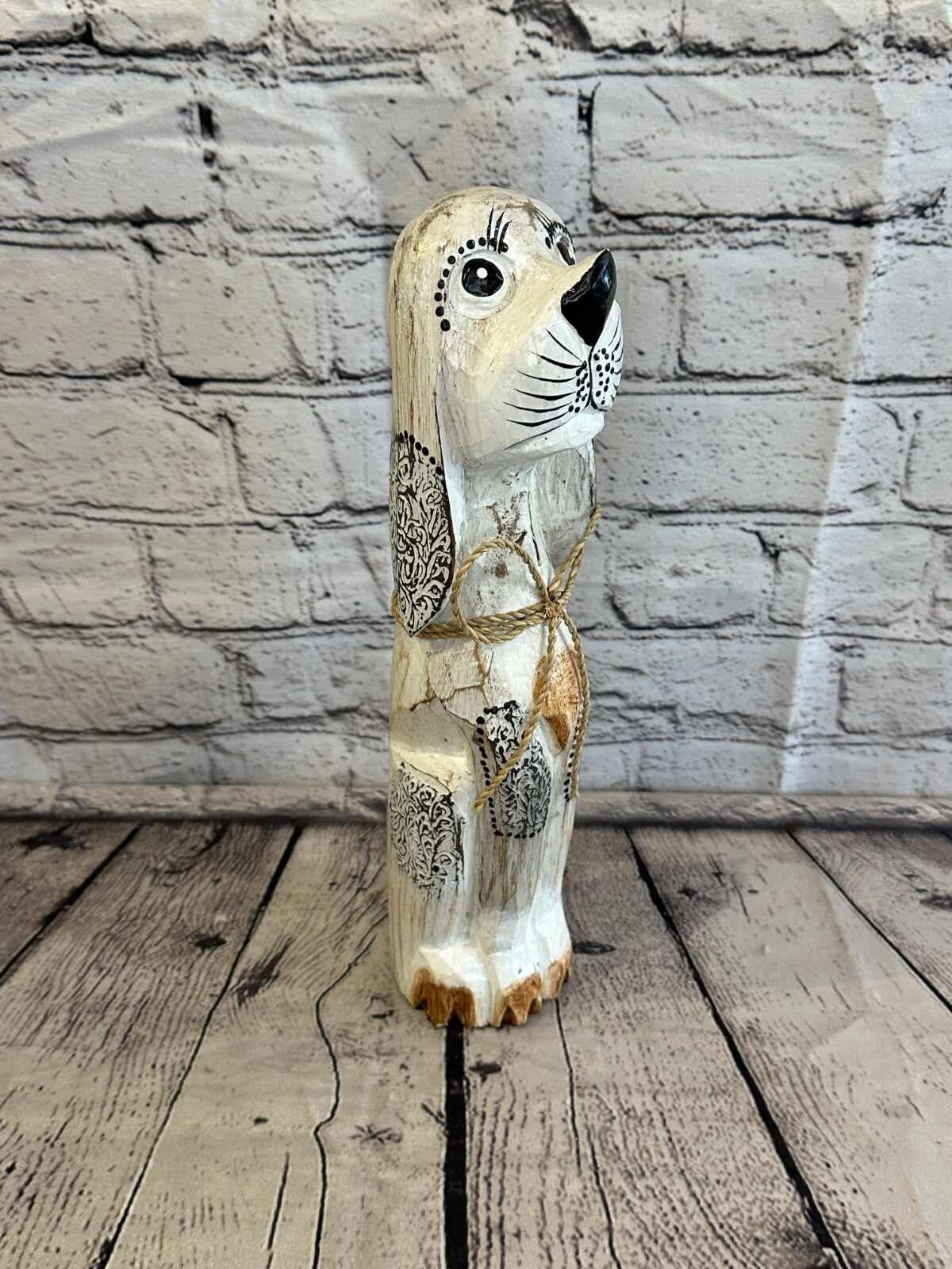 30cm White Flower Wooden Shabby Dog Statue Ornament Fair Trade Handcarved