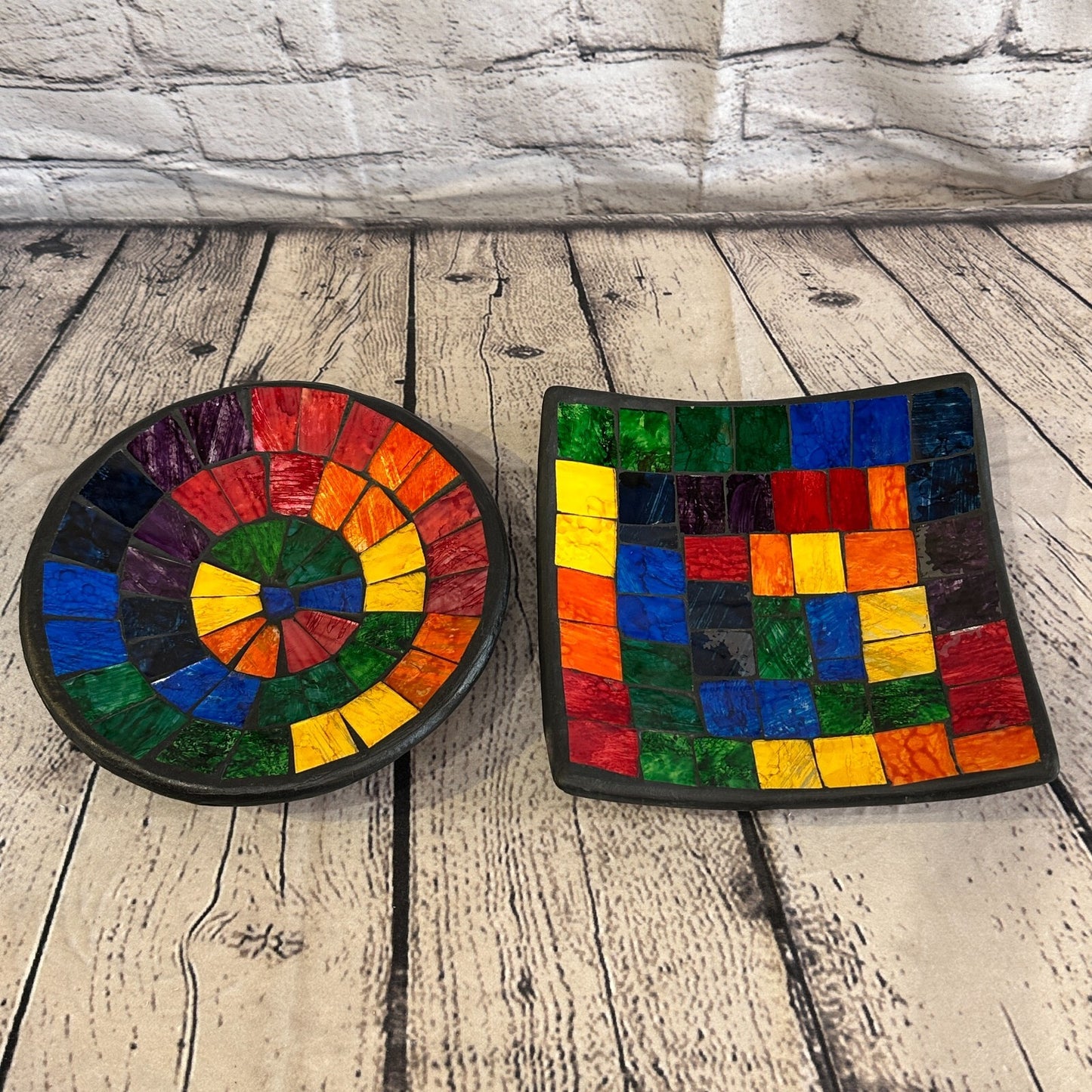 28cm Rainbow Blocks Round Mosaic Handmade Ceramic Glass Tile Bowl Fruit