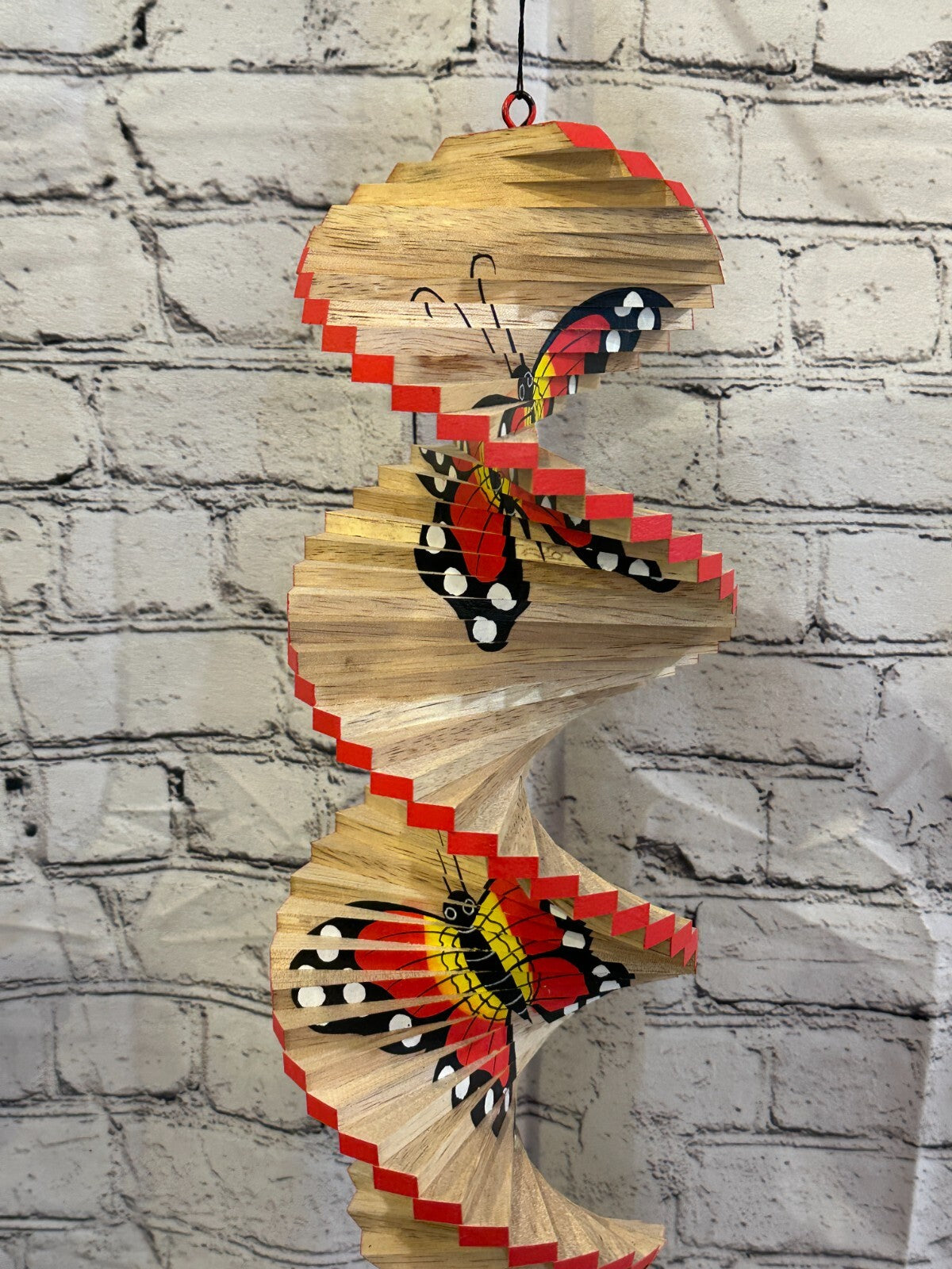 40cm Red Butterfly Pattern Wind Spinner Wooden Spiral Mobile Garden Ornament