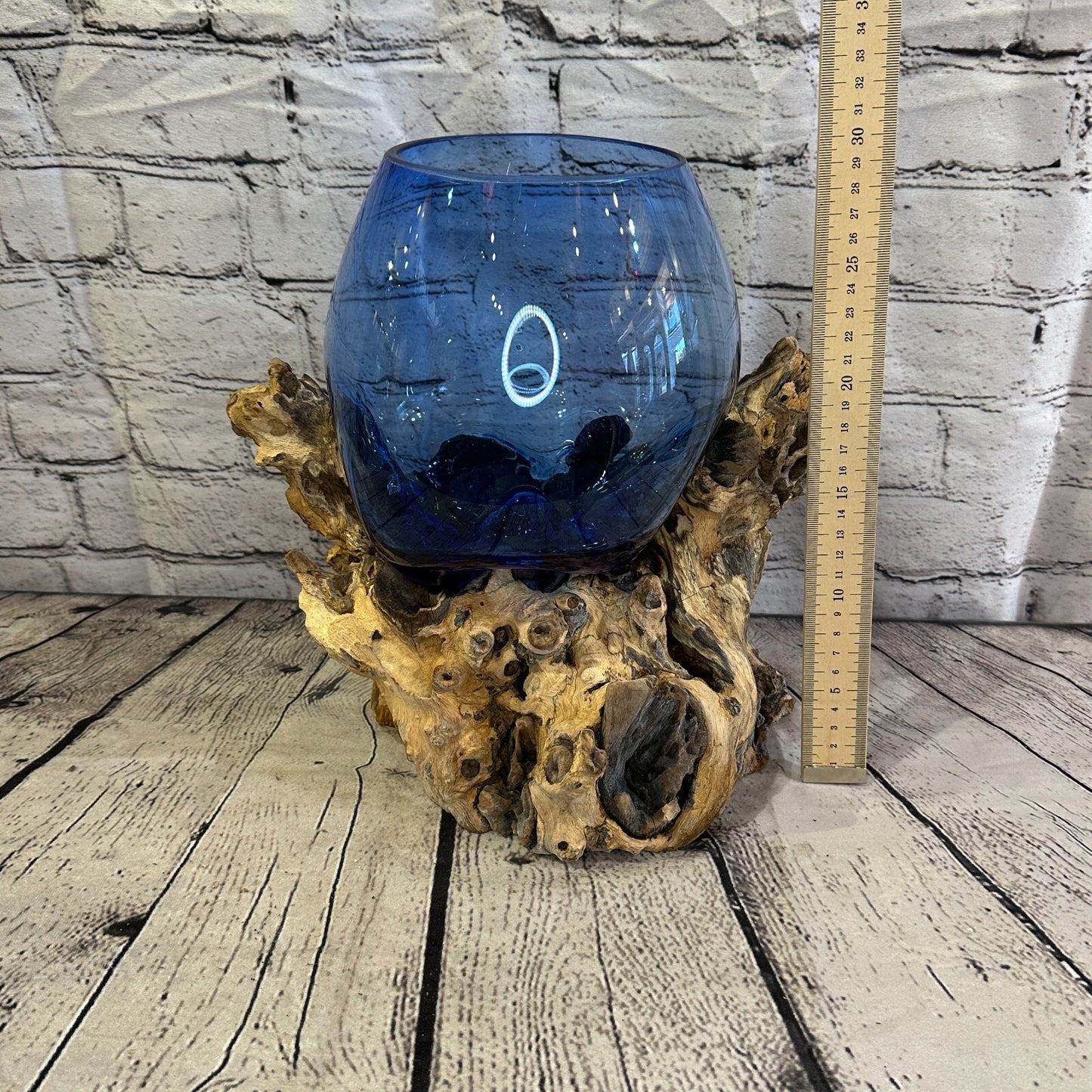30cm Blue Molten Glass Round Bowl Natural Root Wood Base Stand Decor Ornament