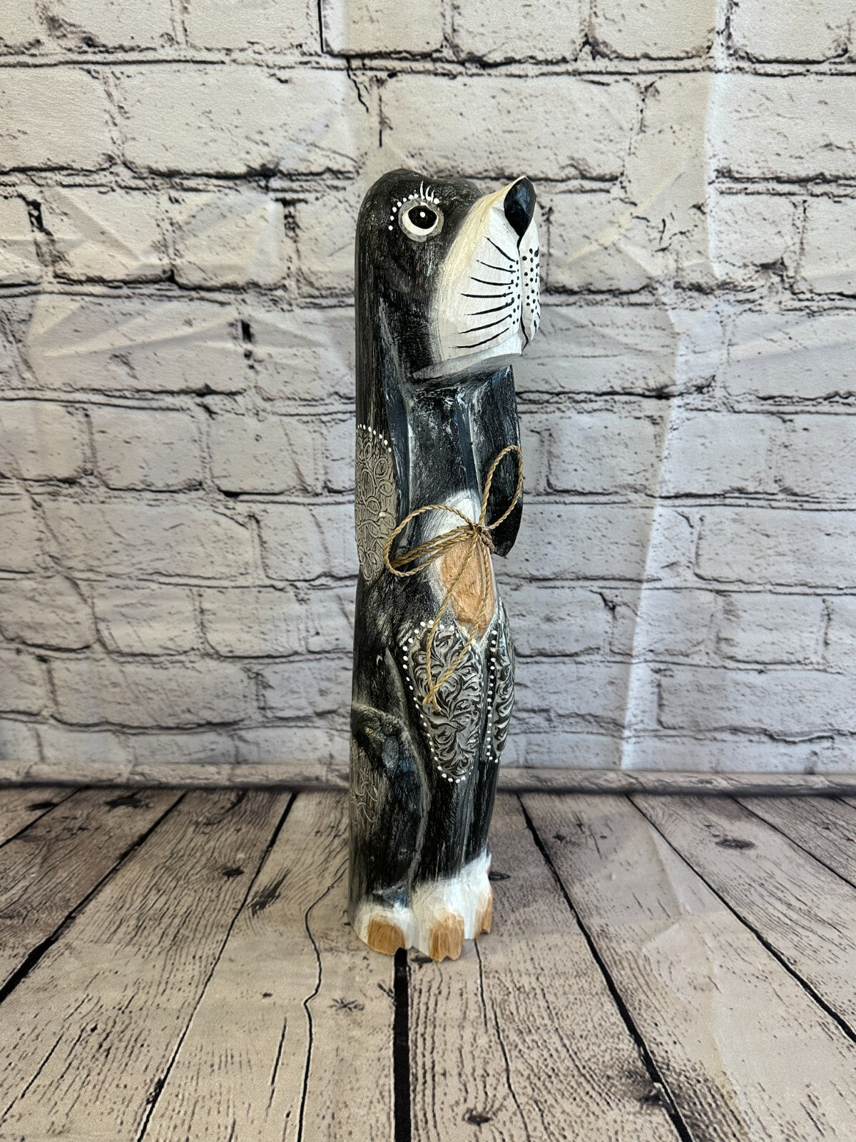 40cm Grey Flower Wooden Shabby Dog Statue Ornament Fair Trade Handcarved