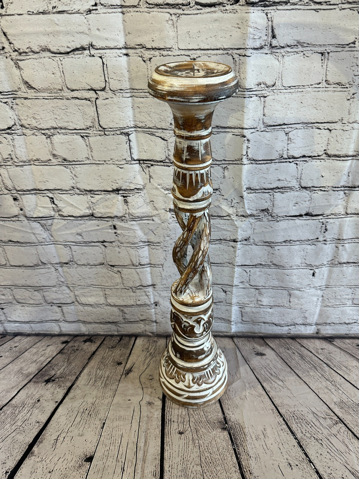 60cm Brown Tall Candlestick Shabby Chic Distressed Twist Column Candle Holder