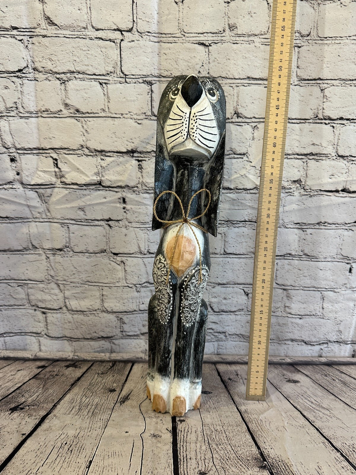 50cm Grey Flower Wooden Shabby Dog Statue Ornament Fair Trade Handcarved