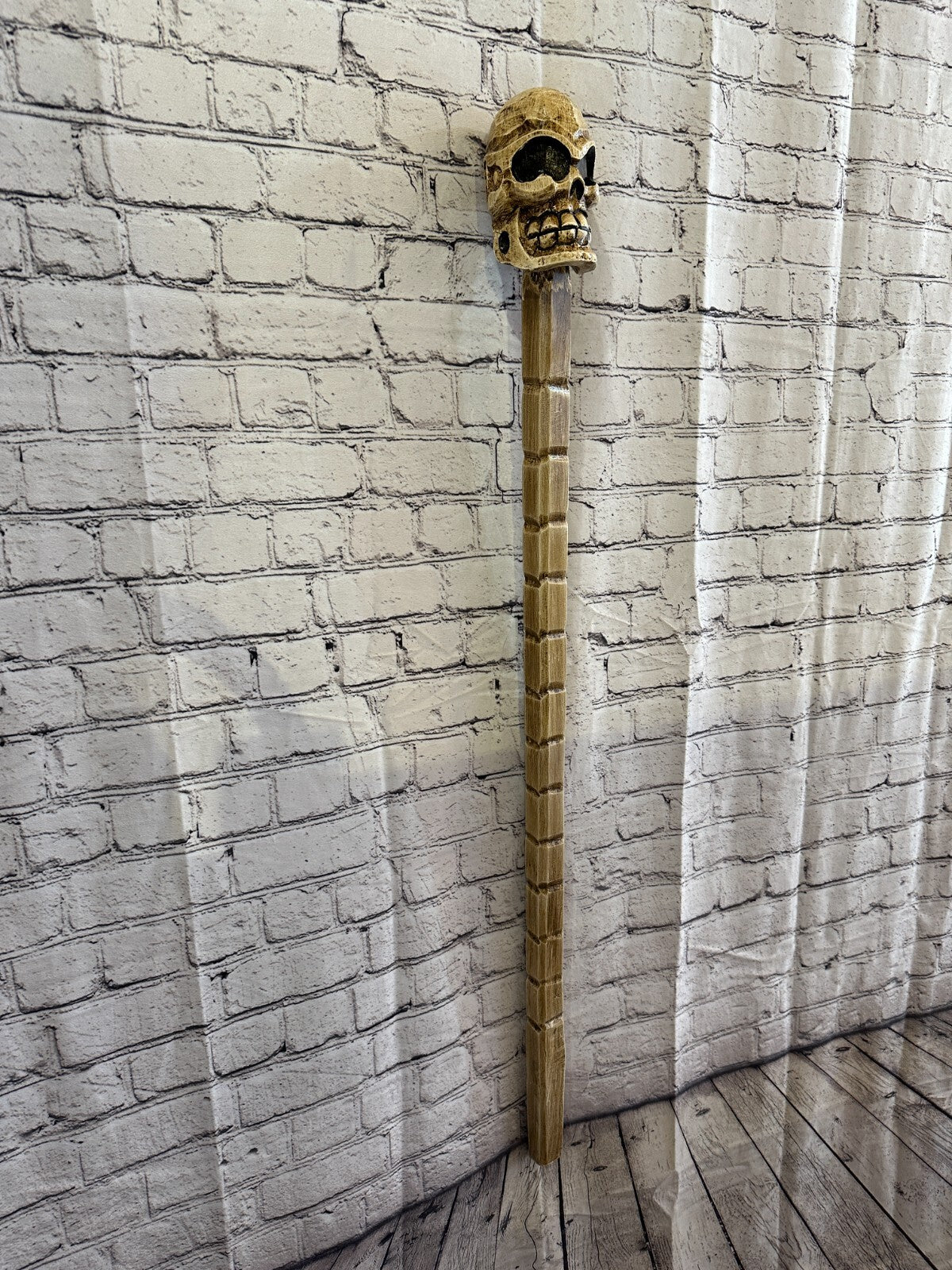 Skull Head Bald Plain 100cm Tribal Walking Stick Cane Hand Carved Light Wood