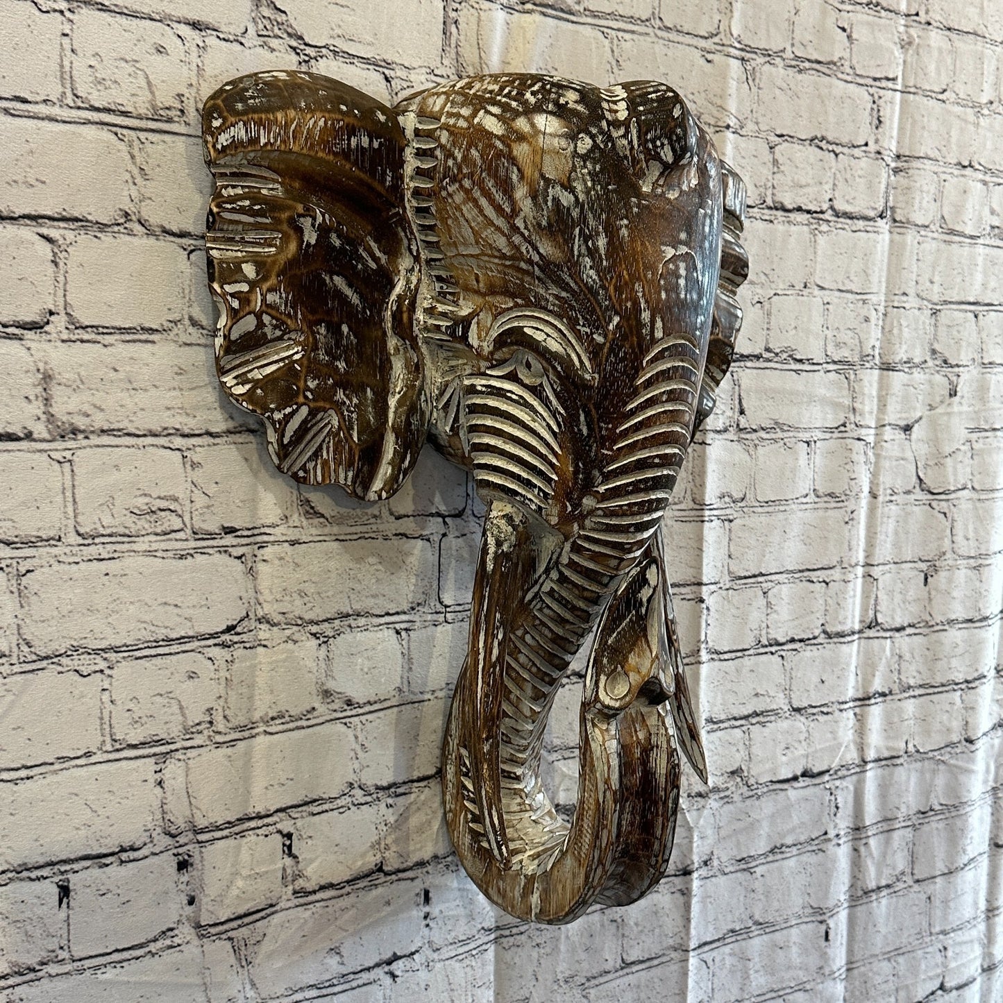 50cm x 40cm Brown Carved Wood Elephant Head Wall Mounted Art Large Shabby
