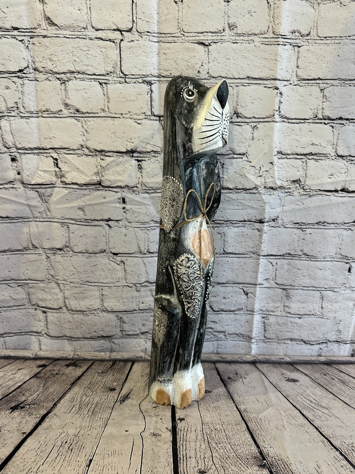 50cm Grey Flower Wooden Shabby Dog Statue Ornament Fair Trade Handcarved