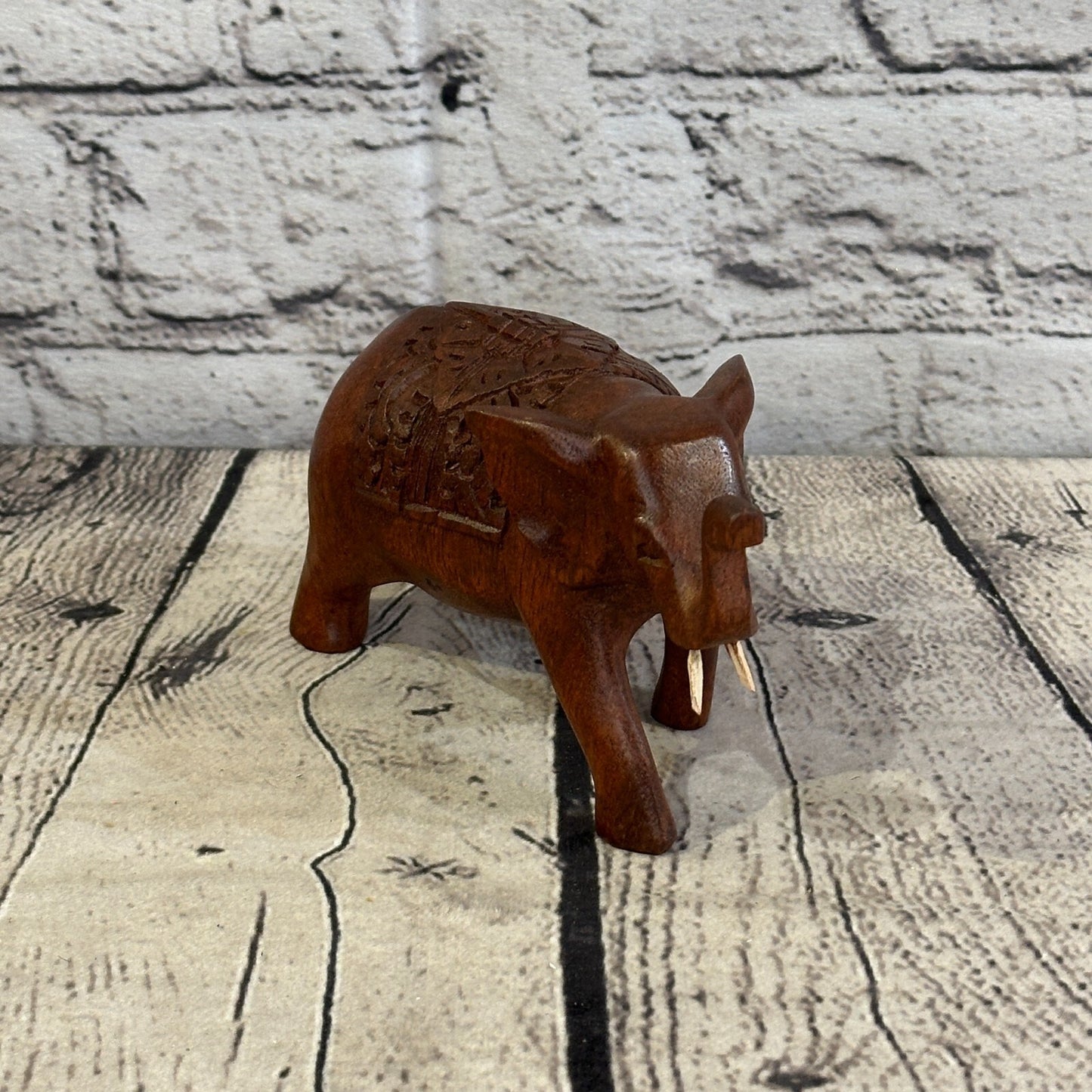 12cm x 8cm Carved Wooden Baby Elephant Wood Brown Sculpture Retro Handmade