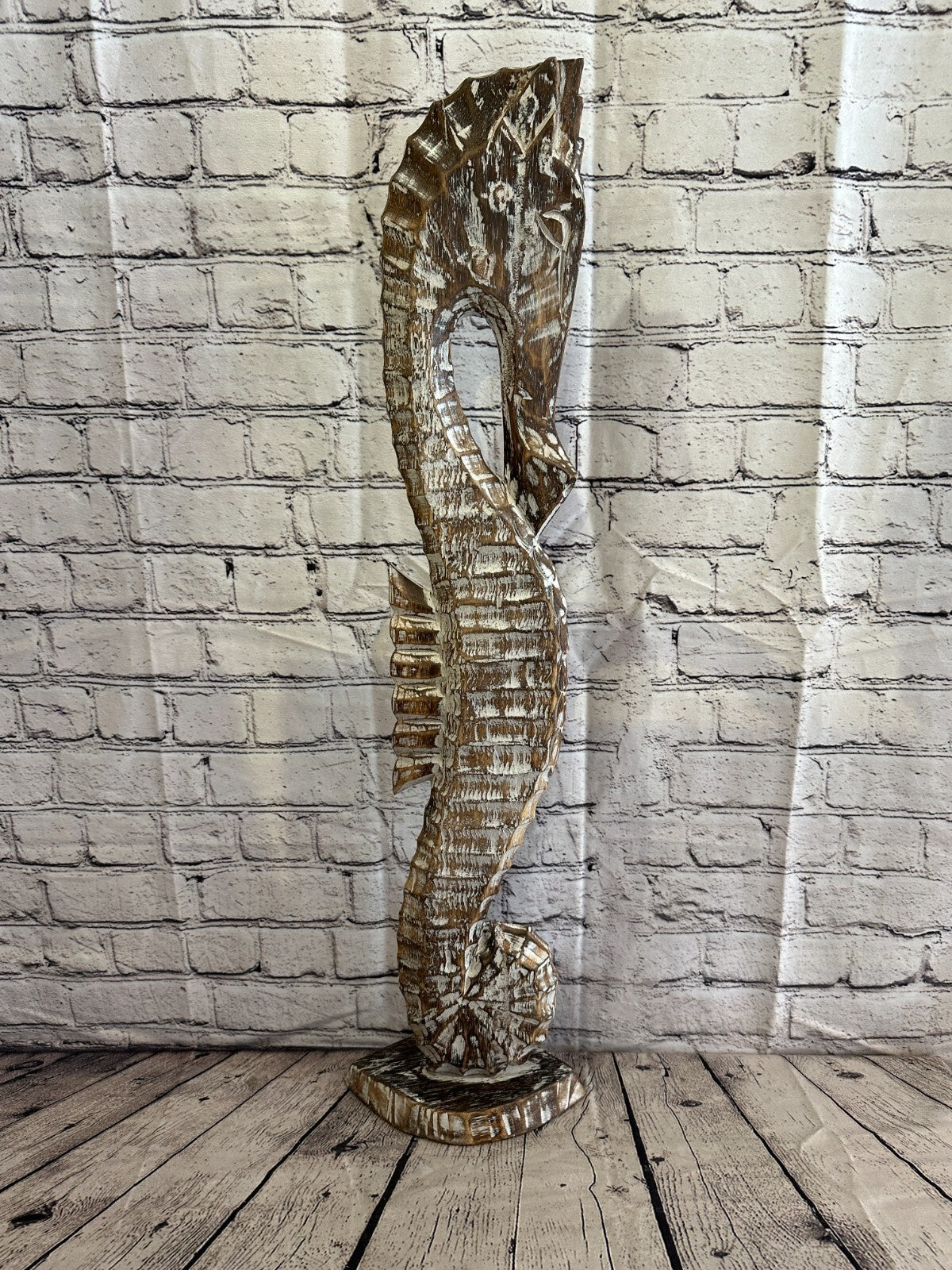 80cm Brown Plain Wooden Shabby Seahorse Statue Ornament Fair Trade Handcarved