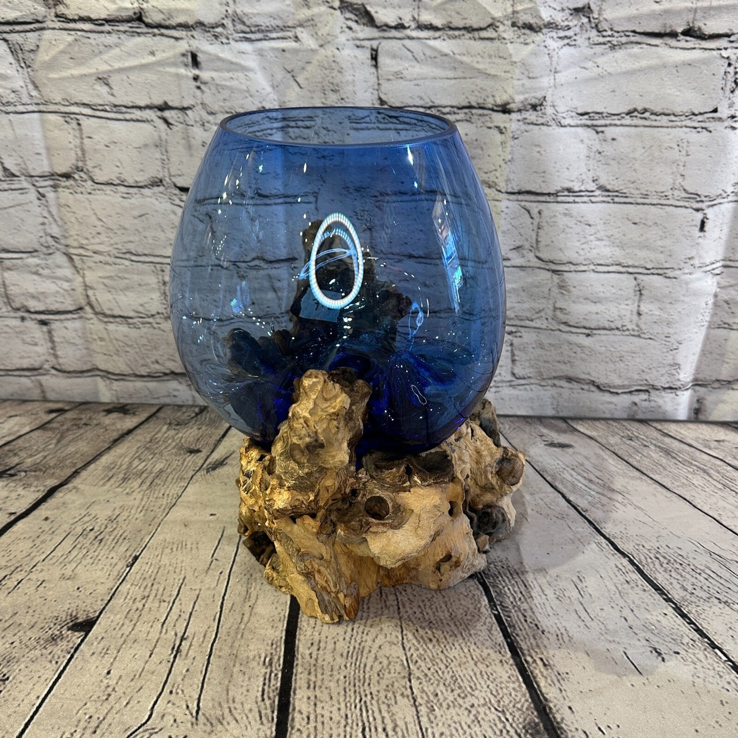 30cm Blue Molten Glass Round Bowl Natural Root Wood Base Stand Decor Ornament