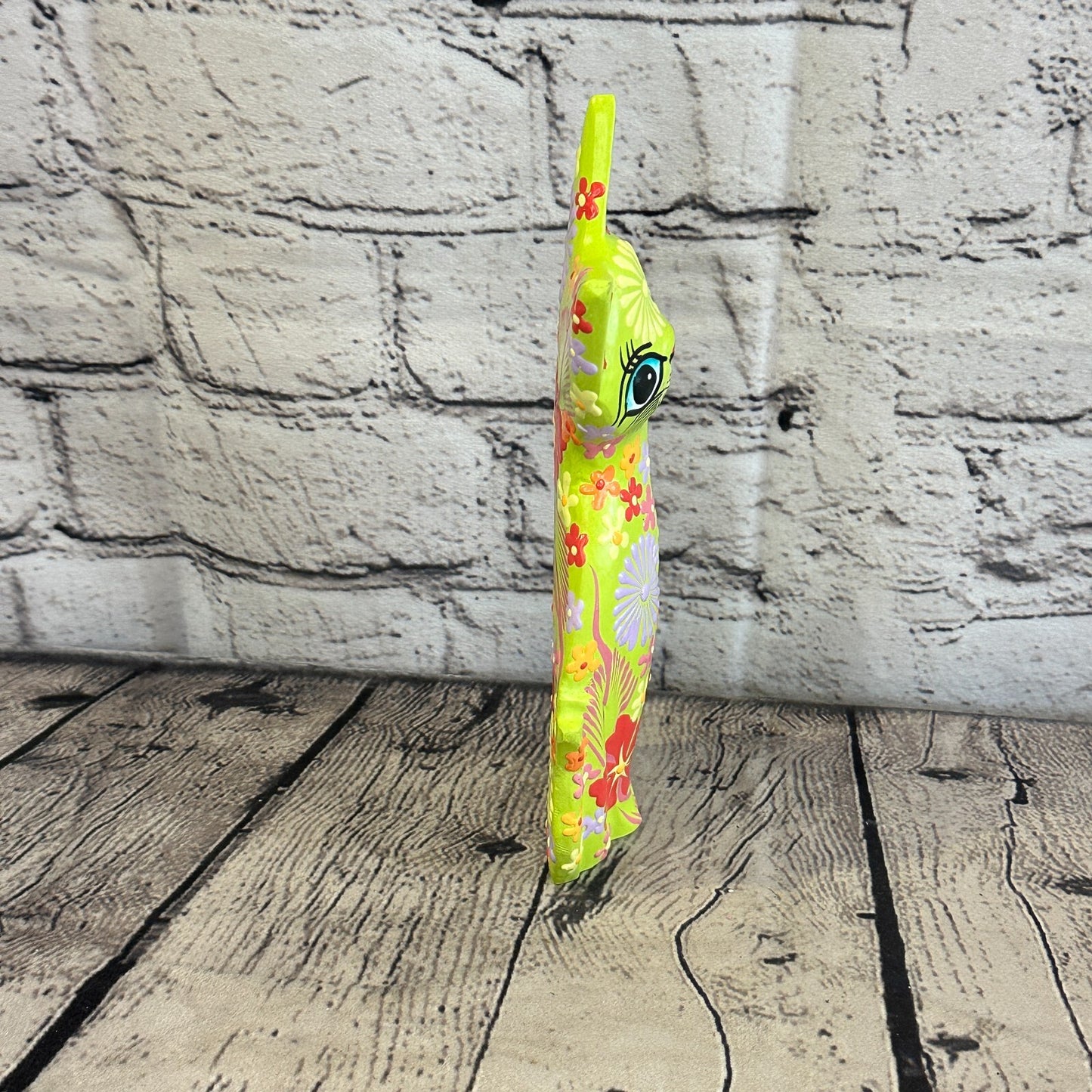 Green Flat Back Wooden Cat With Flower Pattern 20cm x 8cm Handmade and Fairtrade
