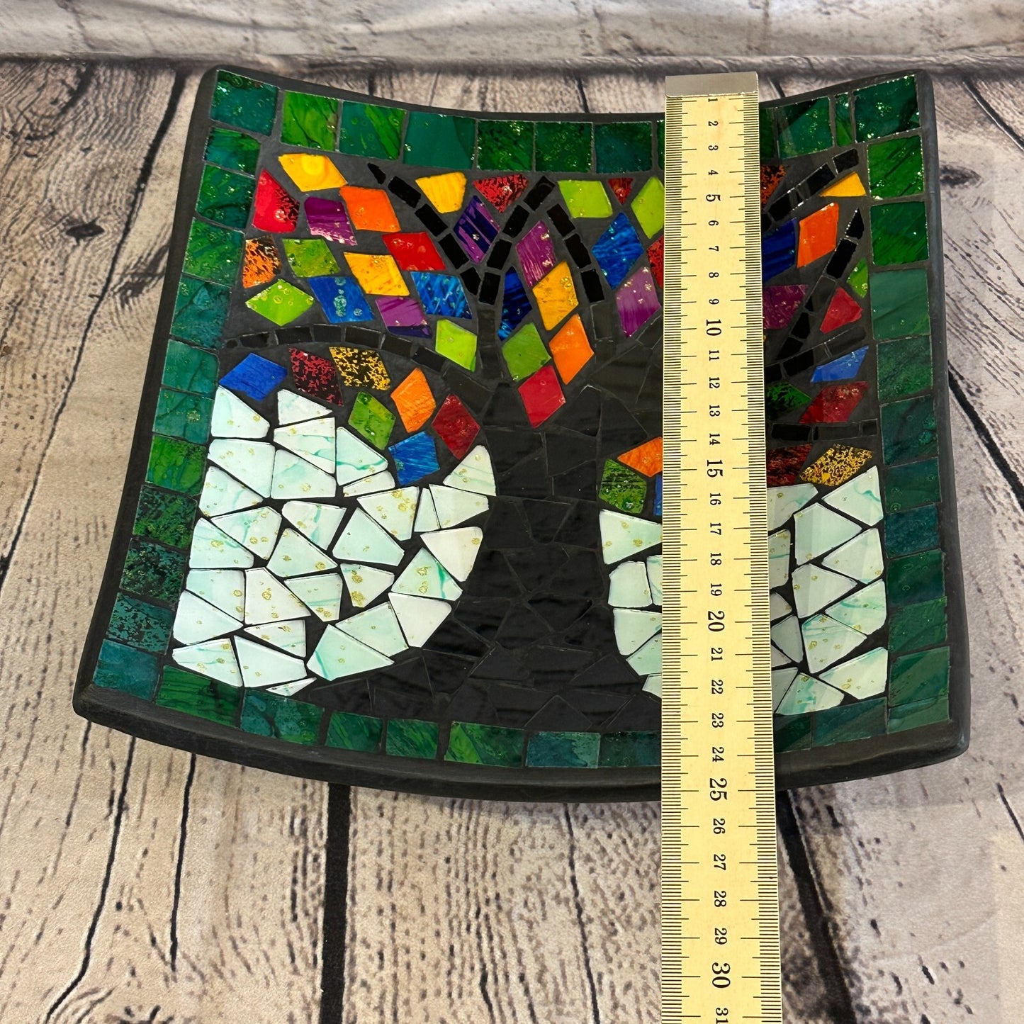 25cm Rainbow Tree Of Life Square Mosaic Handmade Ceramic Glass Tile Bowl Fruit