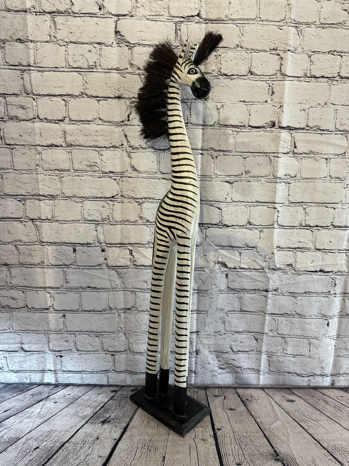 80cm White Black Painted Wood Zebra Tall Statue Wood Modern Hand Carved Painted