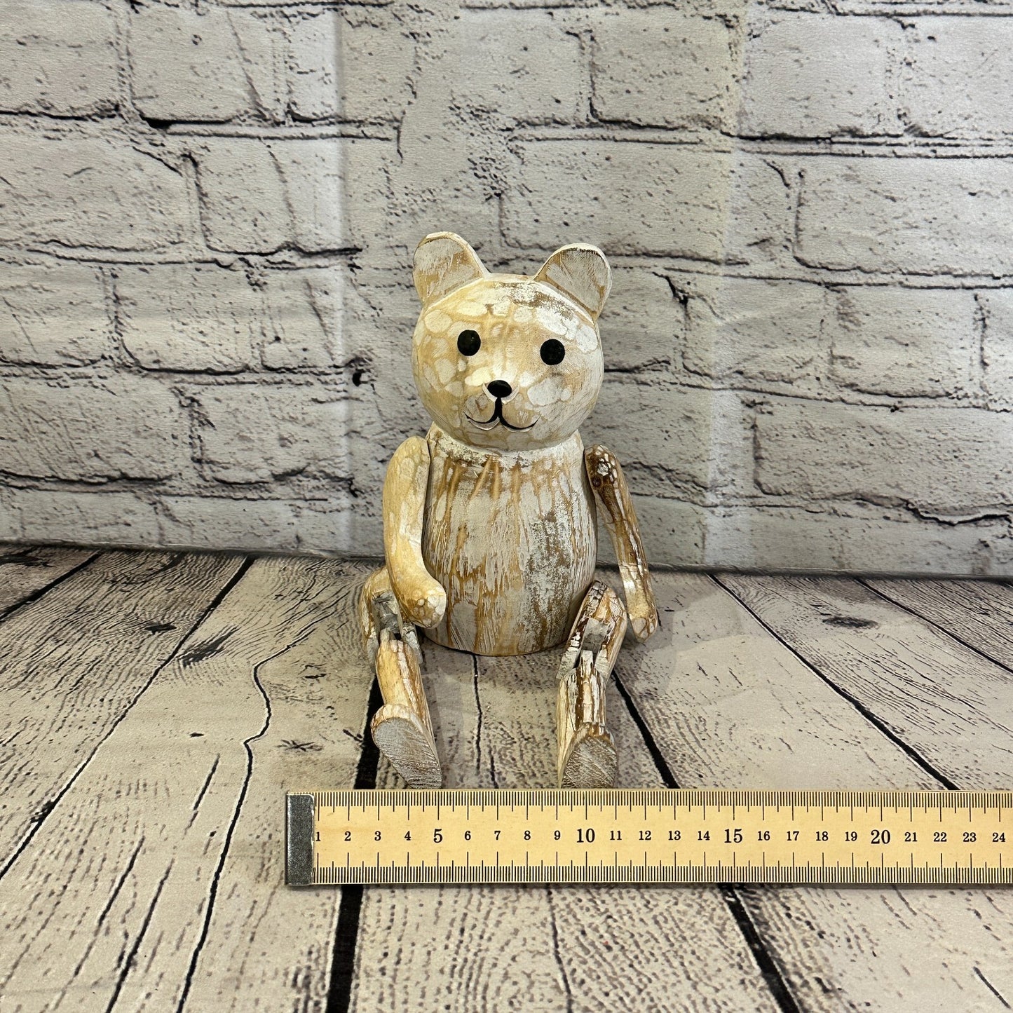 18cm Shabby White Teddy Sitting Animal Wooden Shelf Ornament Handmade Fairtrade