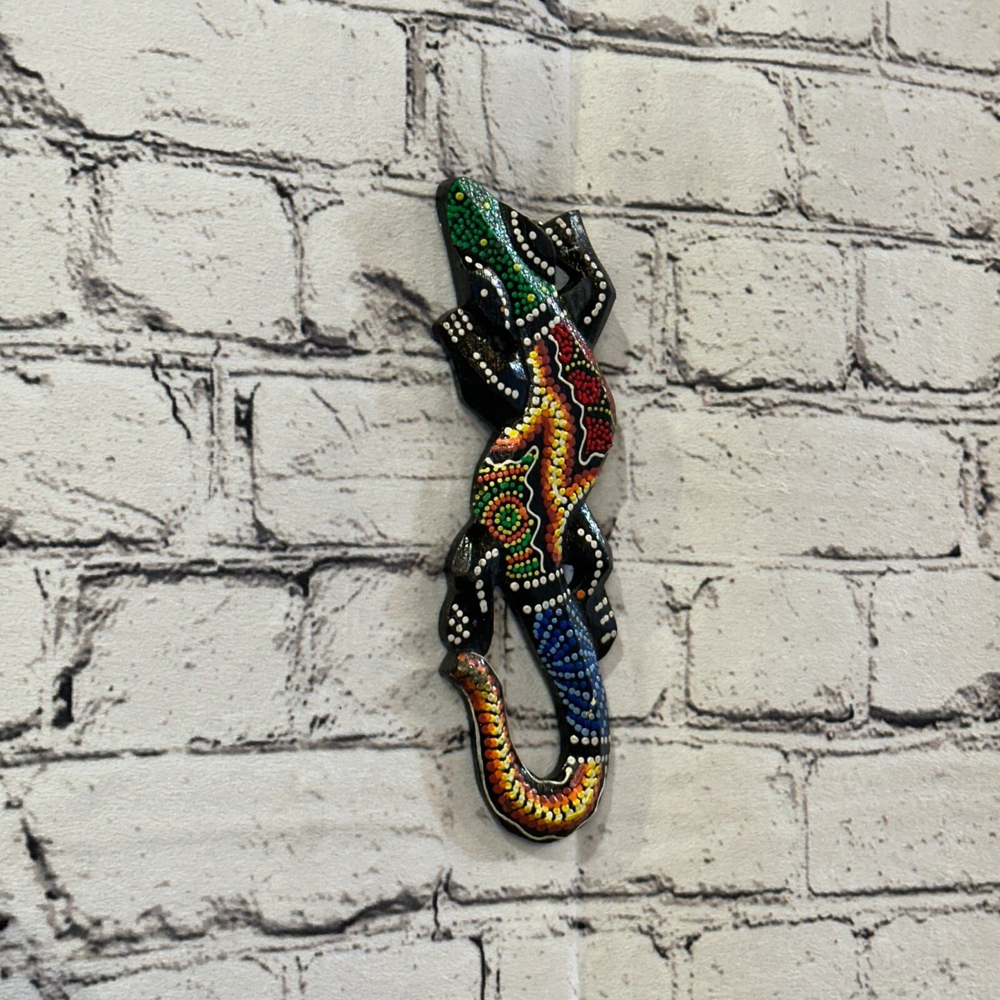 20cm Gecko Carved Wooden Dot Painted Ethnic Tribal Tiki Wall Handmade No 9