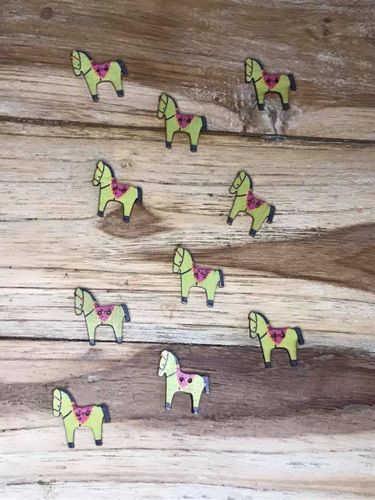 10 Green Horses with Purple Saddle Wooden Buttons