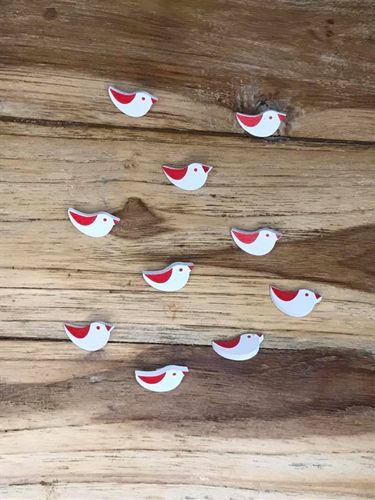 10 White and Red Bird Wooden Buttons with Wooden Shank Backs