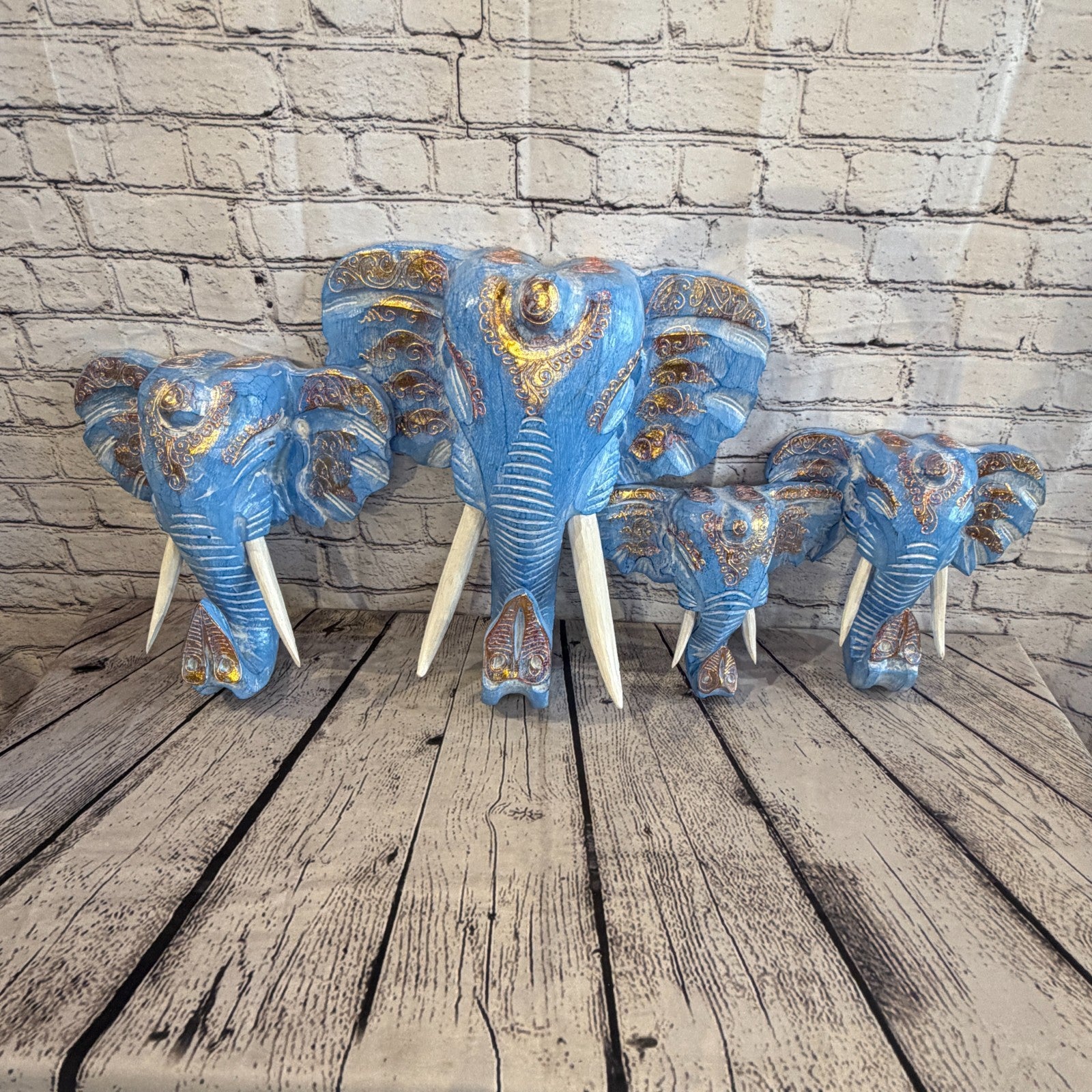 20cm x 20cm Blue Gold Painted Wood Elephant Head Wall Mounted Art Shabby6