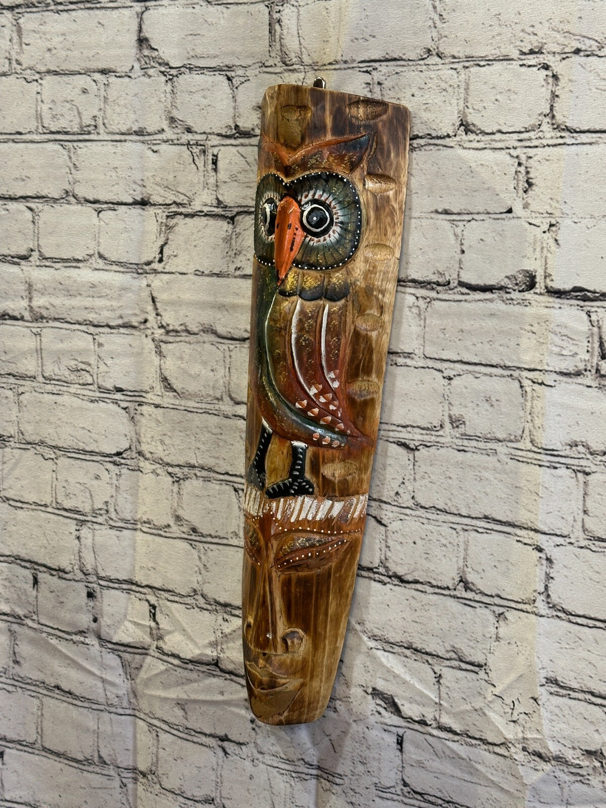 50cm Standing Owl Hand Carved Fair Trade Wooden Animal Wall Art Wall Hang Mask1