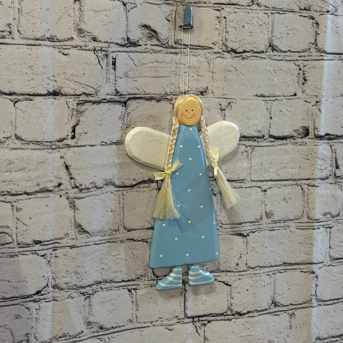 25cm Blue Wall Hanging Angel Figurine Folk Art Wood Fabric Baltic Handmade2