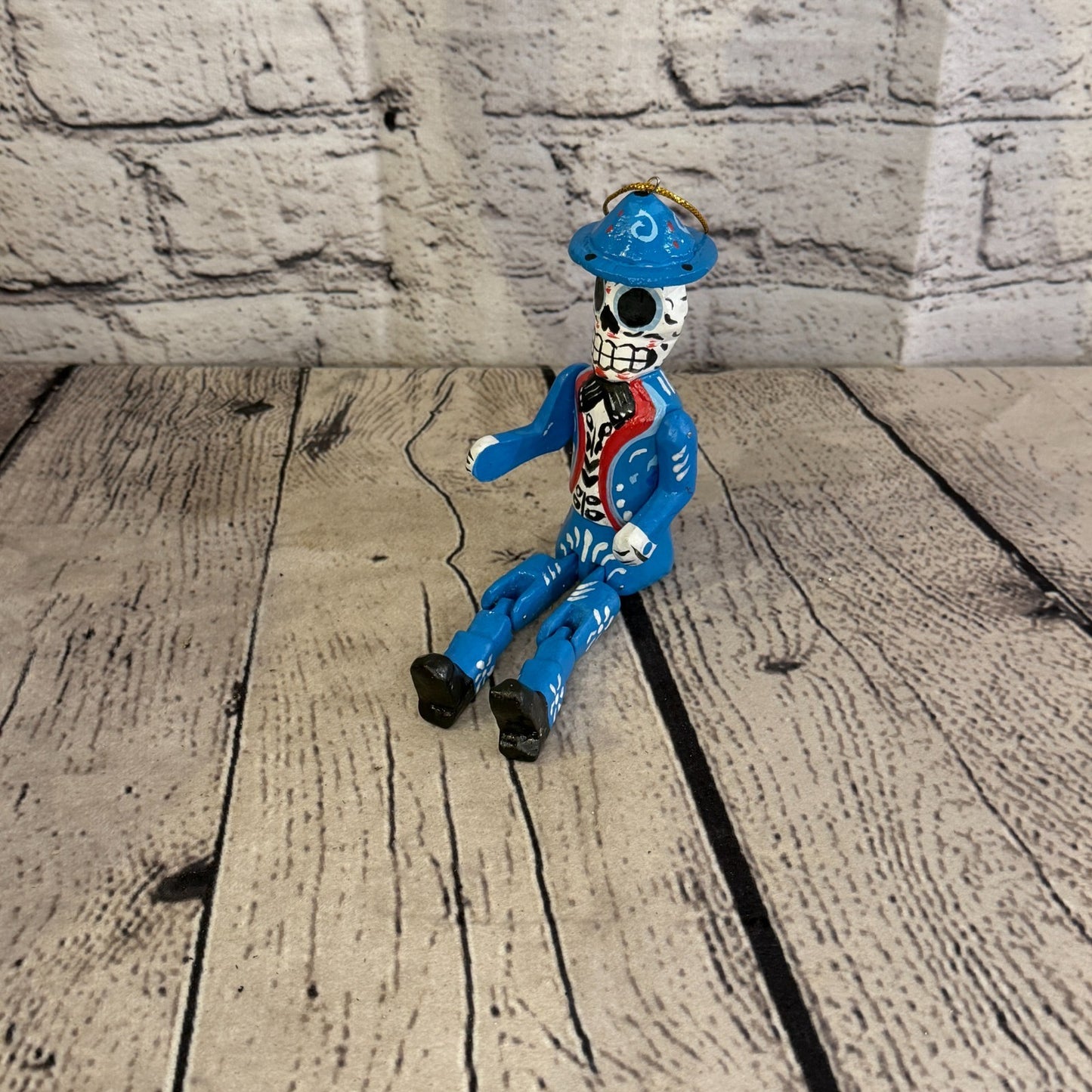 10cm Blue Day Of The Dead Man Sitting Animal, Wooden Shelf Ornament Fairtrade0