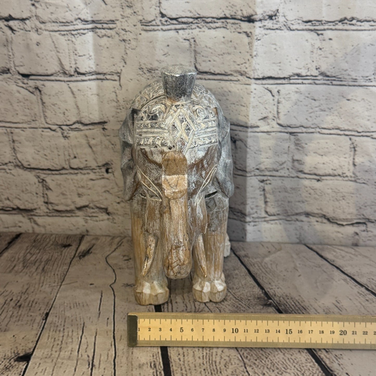 25cm x 25cm Brown Silver Wooden Standing Elephant Hand Carved & Painted8