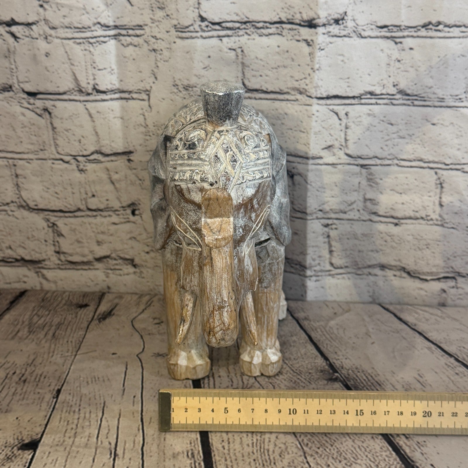 25cm x 25cm Brown Silver Wooden Standing Elephant Hand Carved & Painted8