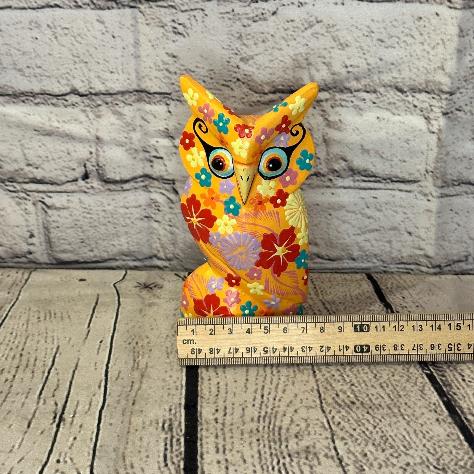 Orange Small Wooden Owl With Flower Pattern 12cm x 8cm Handmade and Fairtrade6