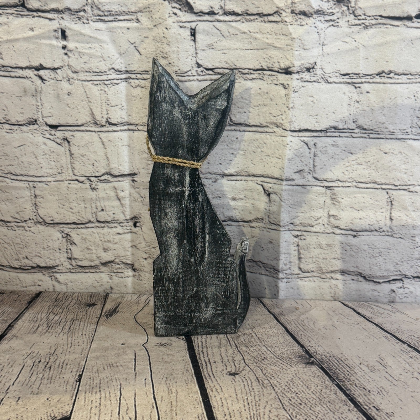 30cm Grey Silver Dots Wooden Shabby Cat Statue Ornament Fair Trade Handcarved4