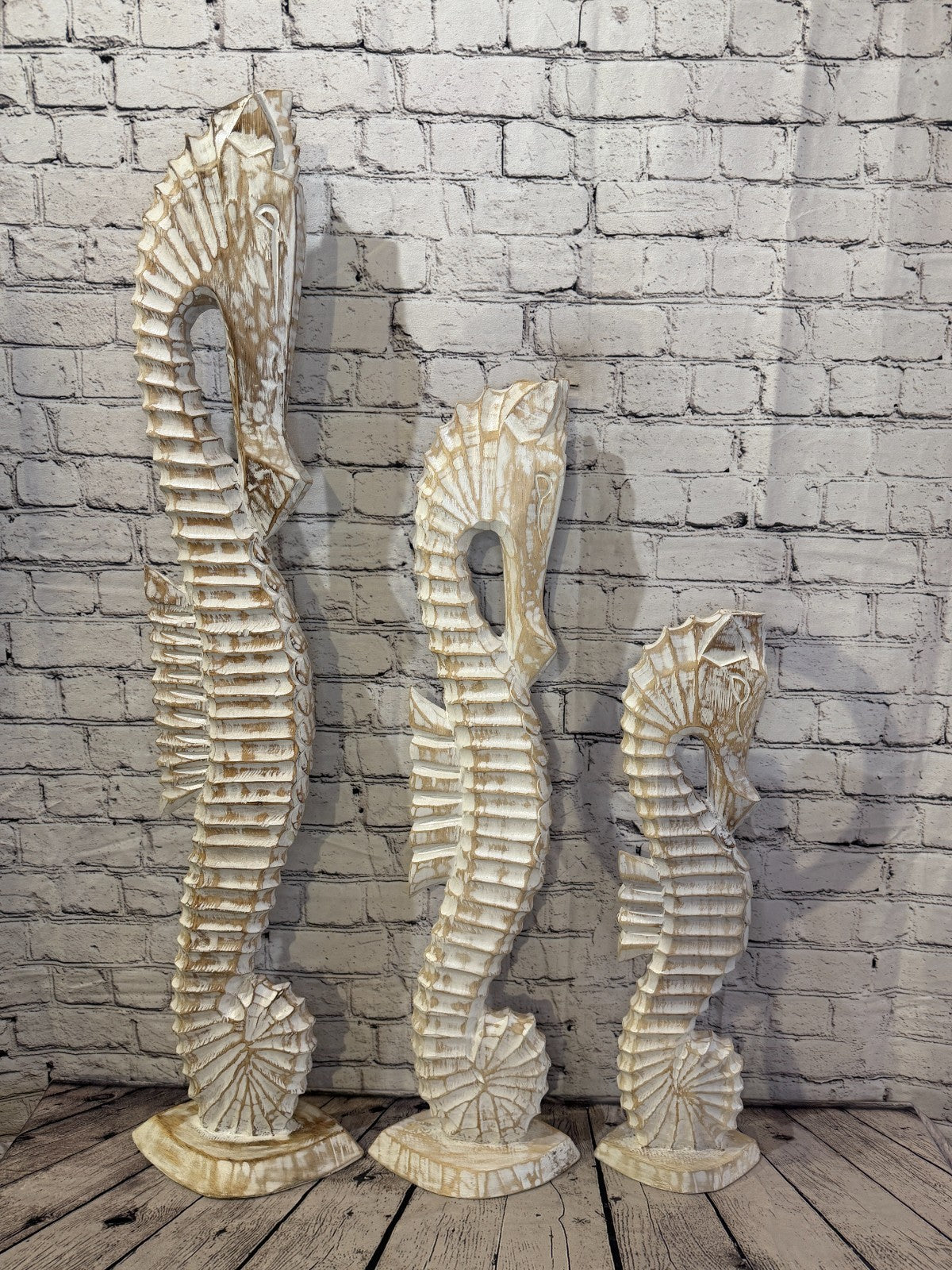 80cm White Wooden Shabby Seahorse Statue Ornament Fair Trade Handcarved8