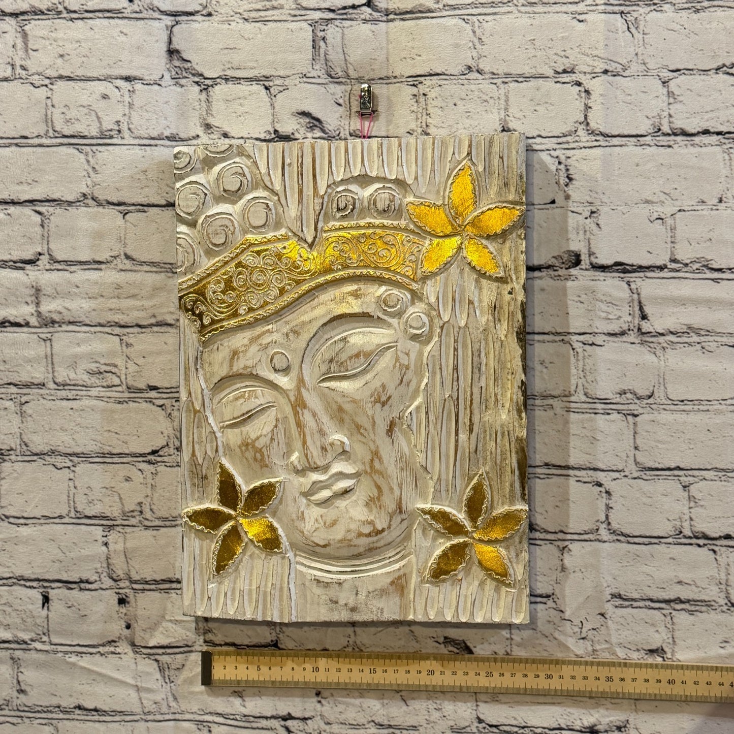 Wooden Wood Panel 40cm Gold Cream Buddha Flower Wall Art Plaque Handcarved3