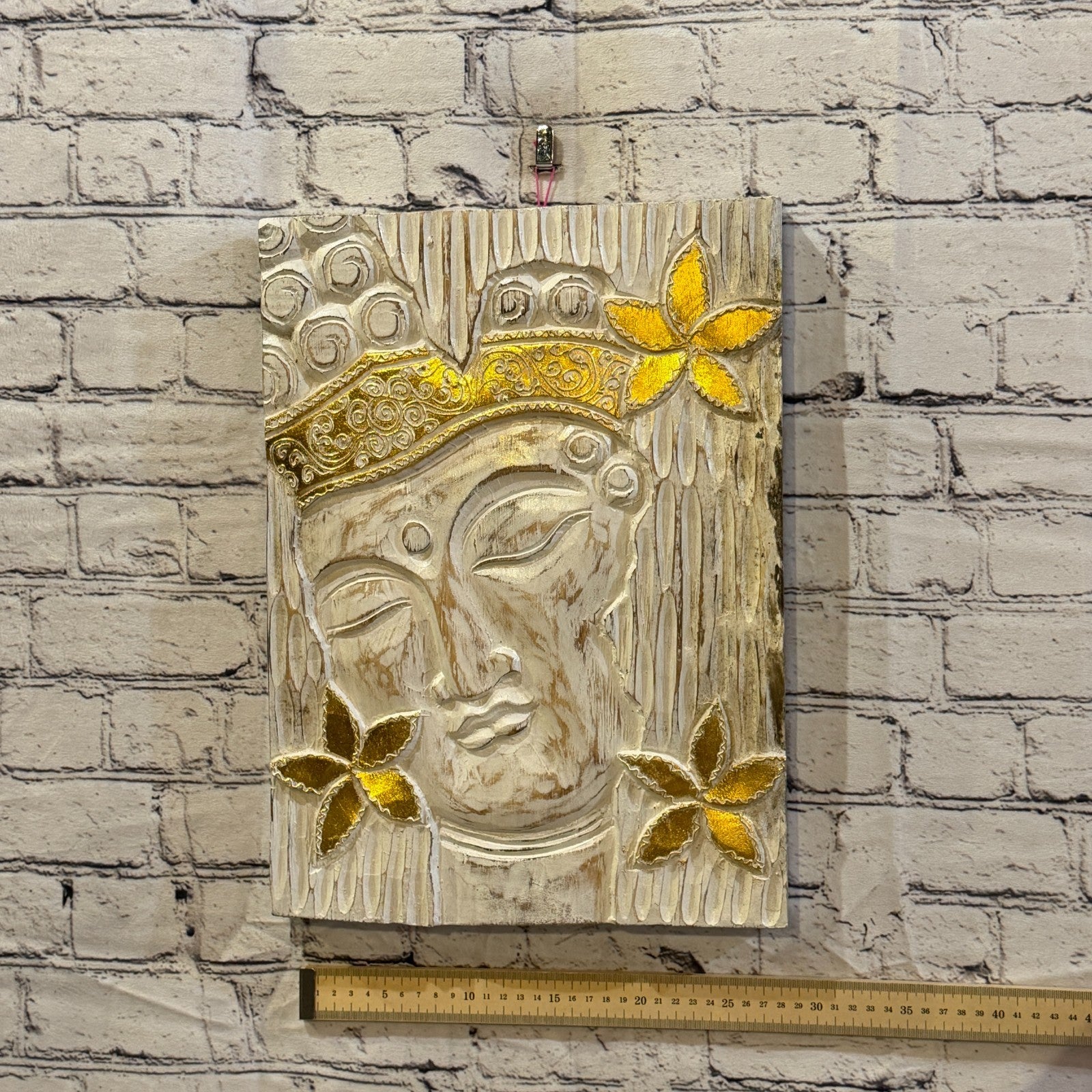Wooden Wood Panel 40cm Gold Cream Buddha Flower Wall Art Plaque Handcarved3