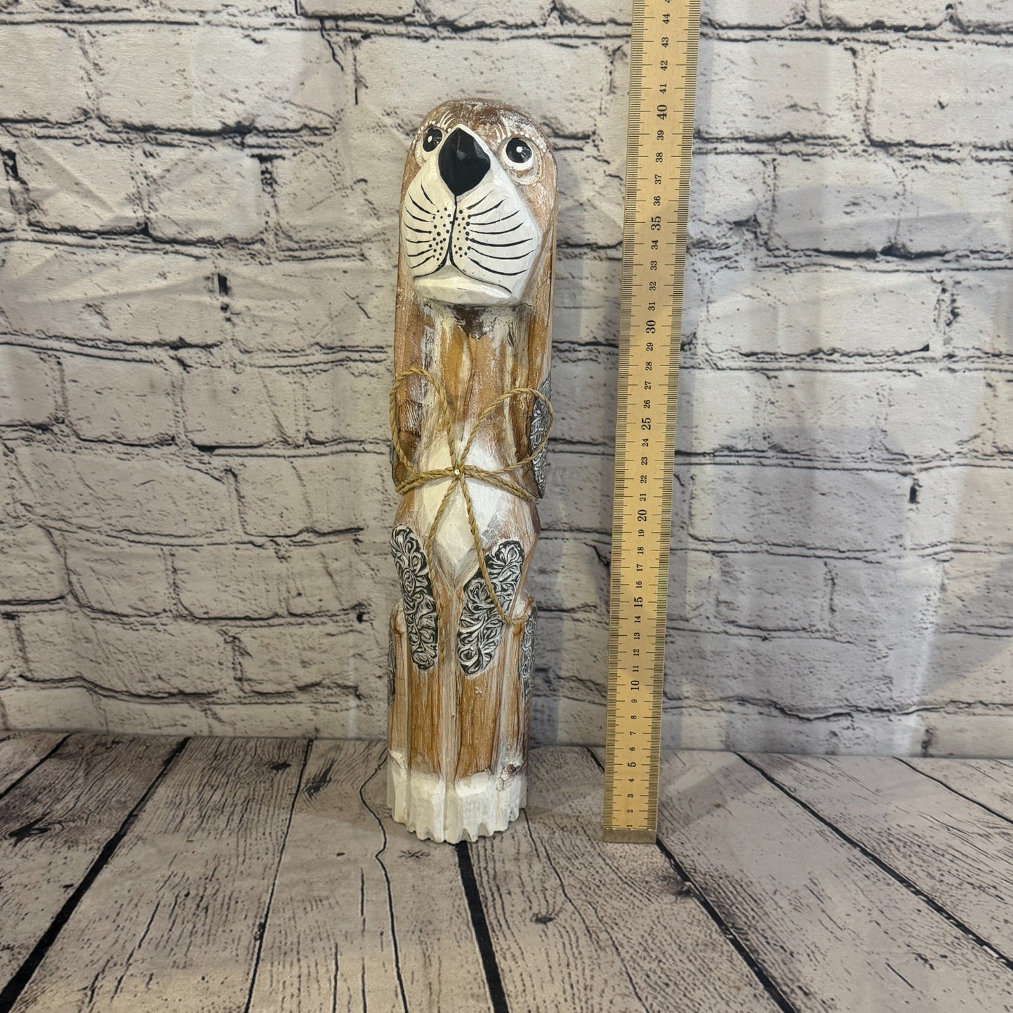 40cm Light Brown Wooden Shabby Dog Statue Ornament Fair Trade Handcarved5
