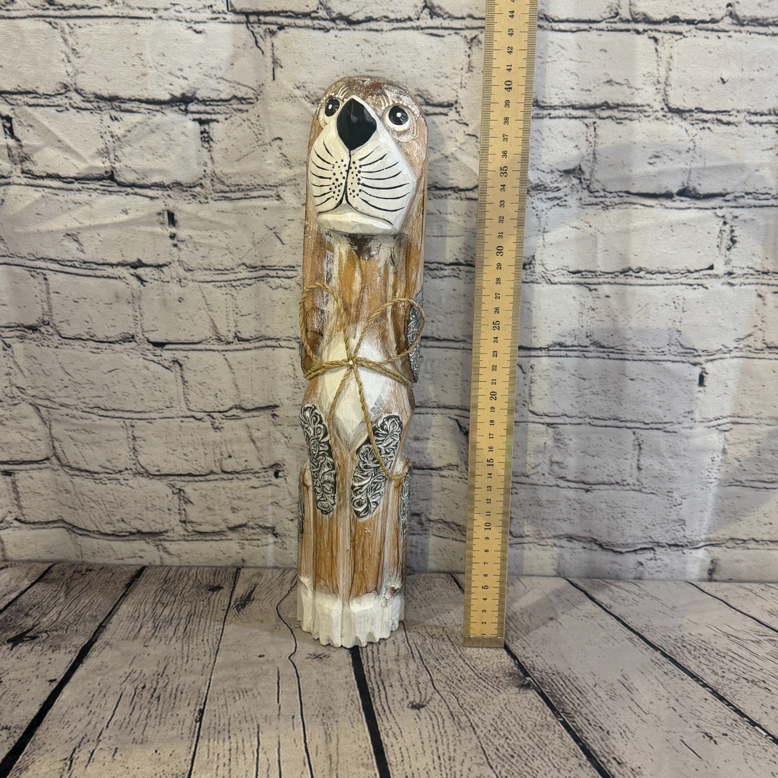 40cm Light Brown Wooden Shabby Dog Statue Ornament Fair Trade Handcarved5