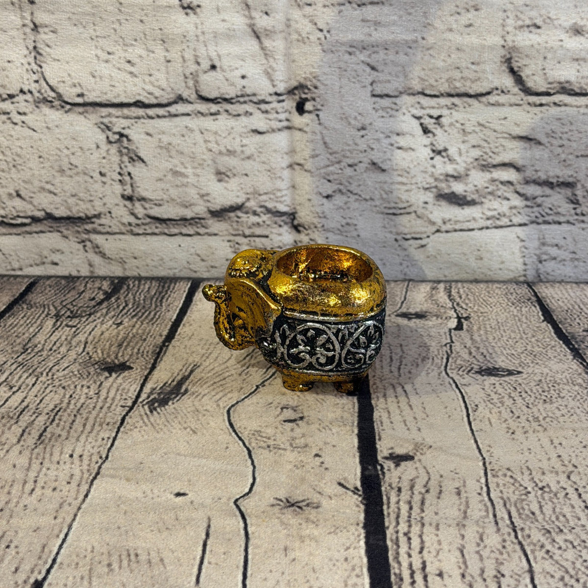 Gold & Silver 8cm x 5cm Elephant Tea Light Holder Statue Resin Hindu3