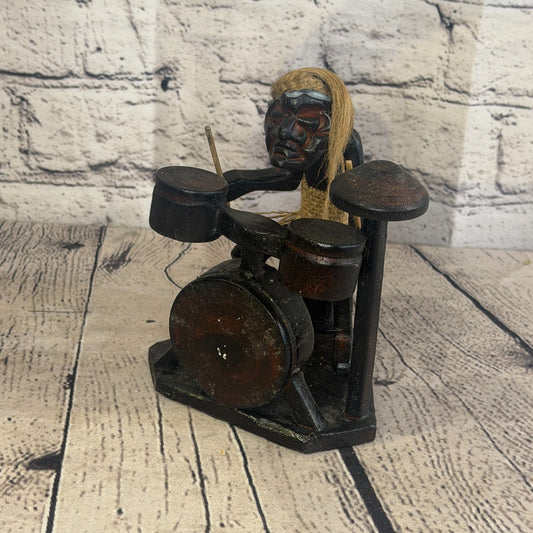 15cm Drum Kit Playing African Tribal Warrior Man Figure Statue Wood Hand Carved0