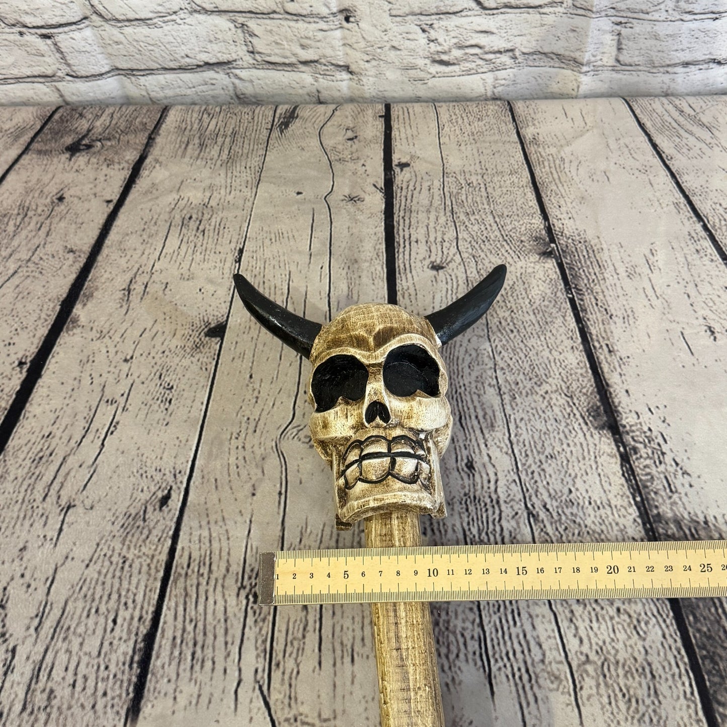 110cm Skeleton Skull With Horns Wood Stick Hand Carved Halloween Walking Staff6