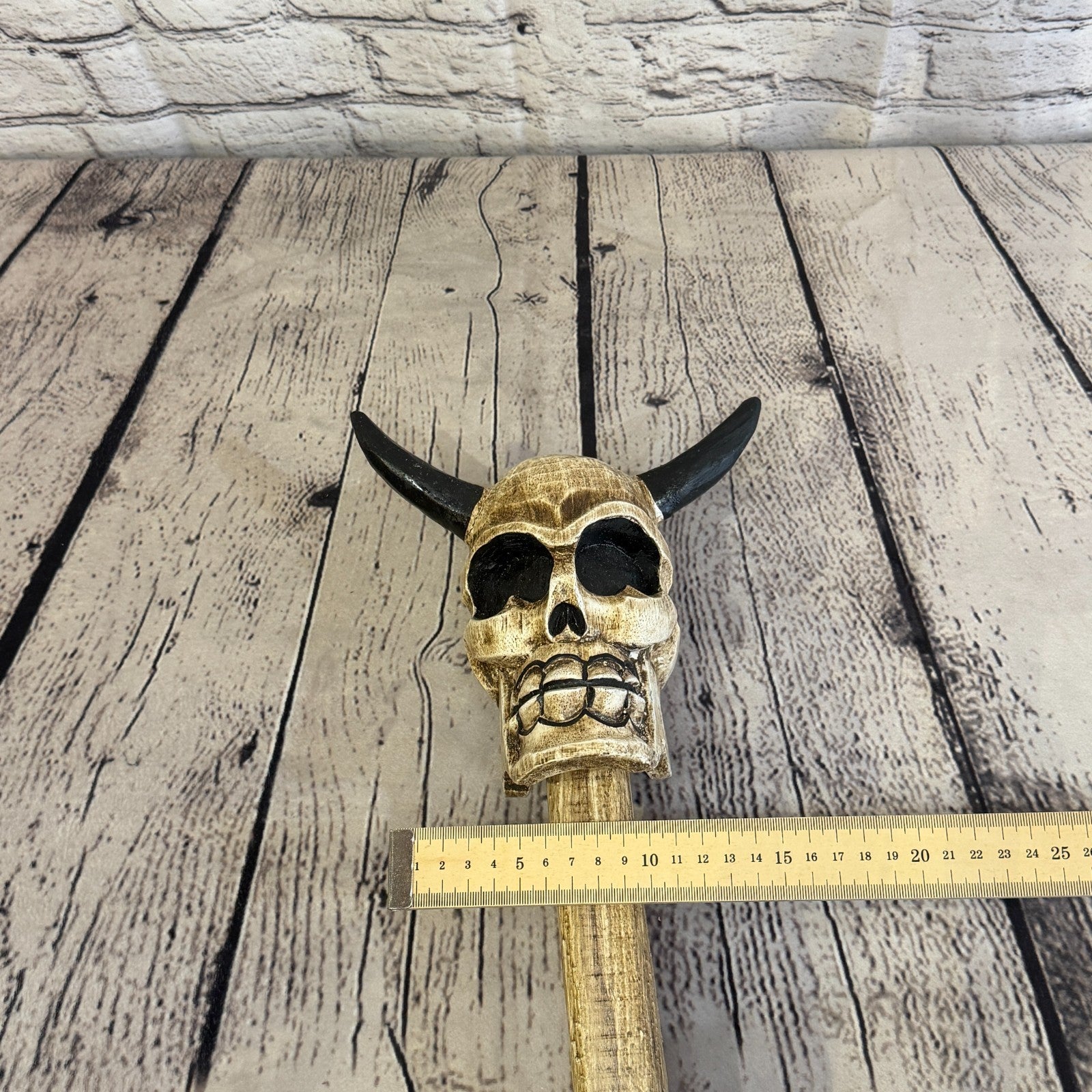 110cm Skeleton Skull With Horns Wood Stick Hand Carved Halloween Walking Staff6