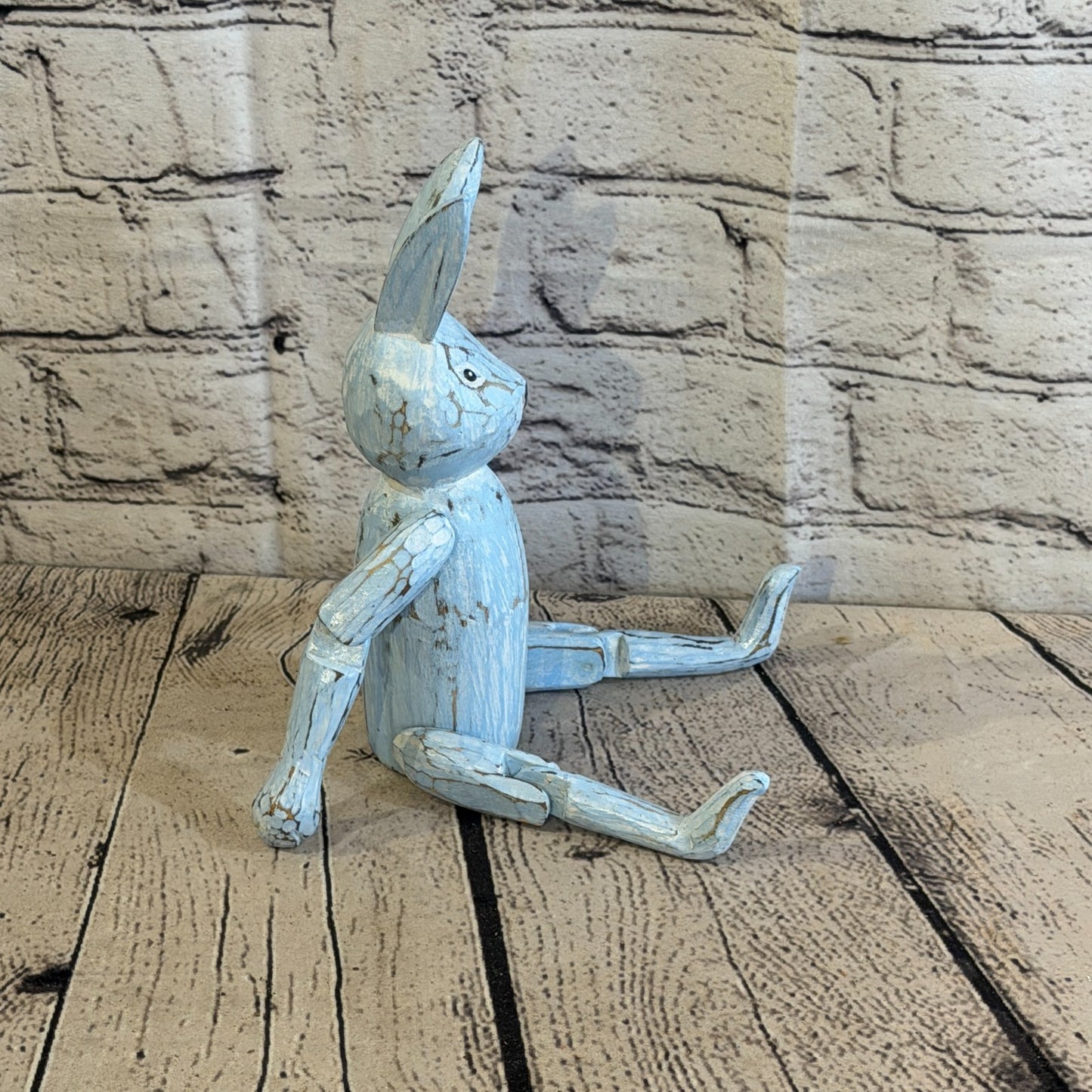 20cm Blue Bunny Rabbit Sitting Animal, Wooden Shelf Ornament Handmade Fairtrade3