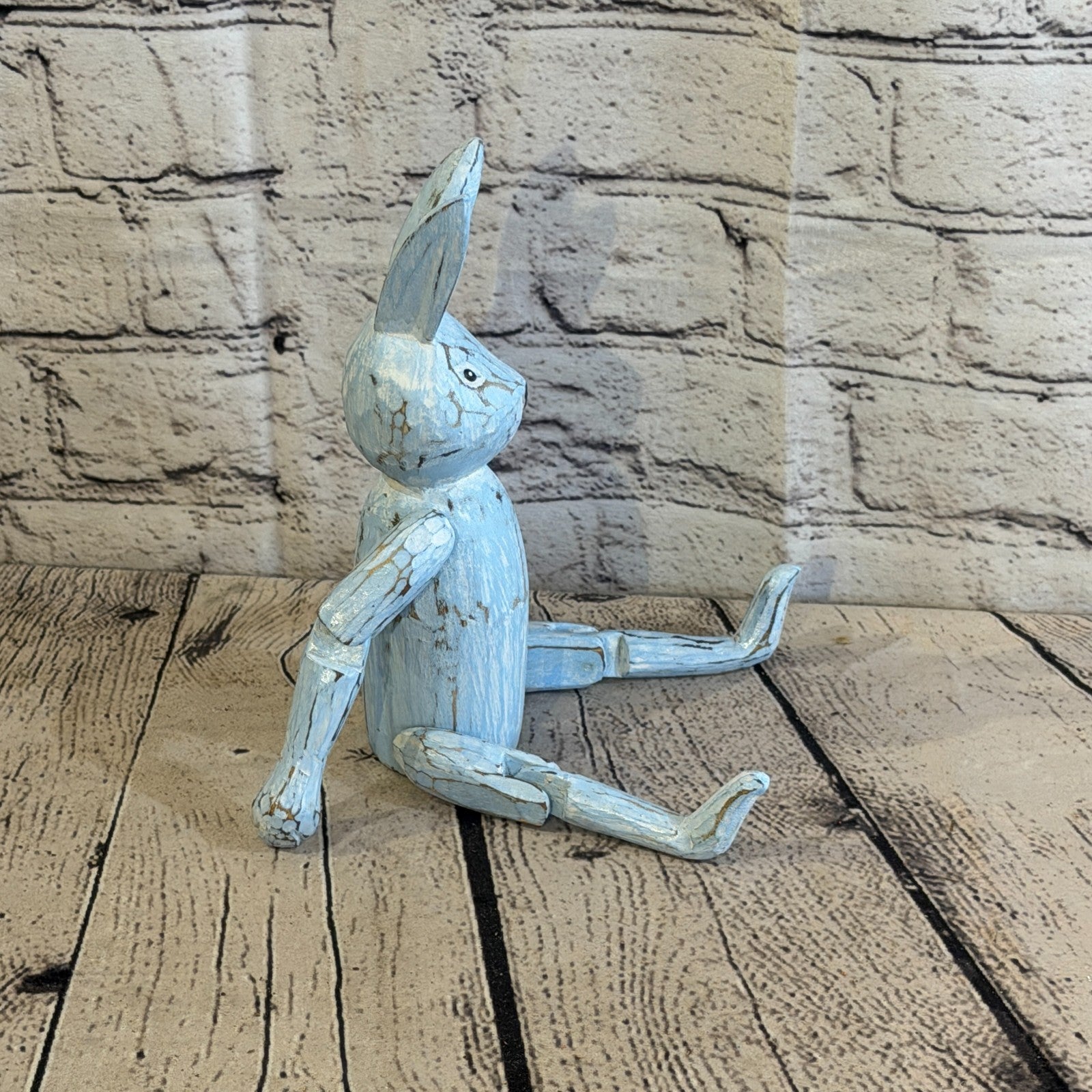 20cm Blue Bunny Rabbit Sitting Animal, Wooden Shelf Ornament Handmade Fairtrade3