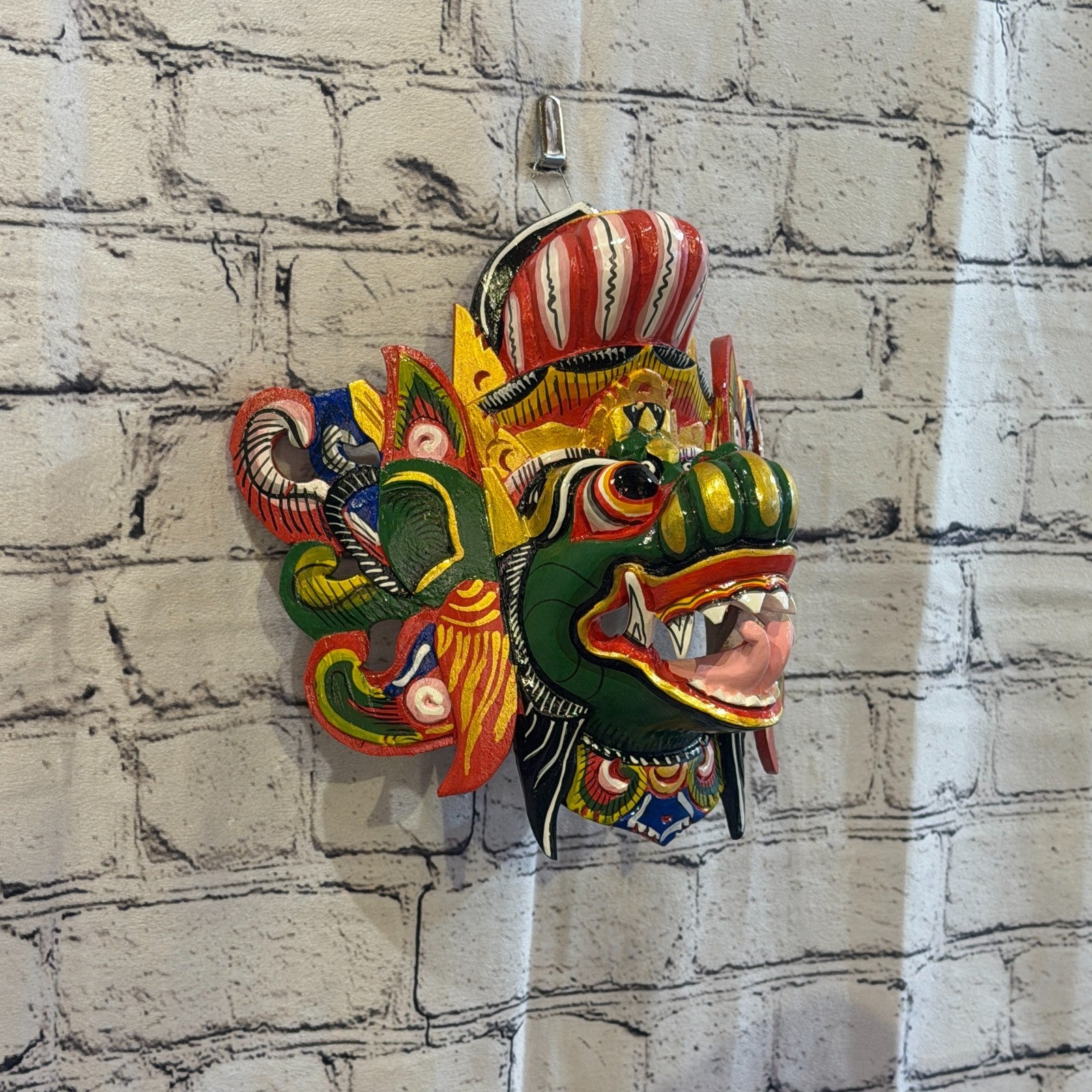 20cm Barong Wide Green Demon Dragon Hindu Deity Wooden Hand Carved Mask Painted0