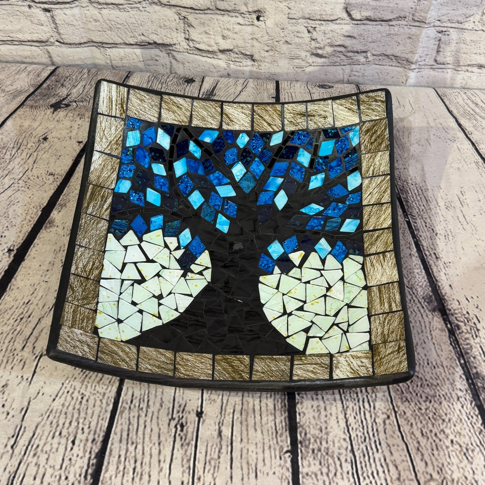 30cm Tree Of Life Blue Grey Square Mosaic Handmade Ceramic Glass Tile Bowl Fruit0