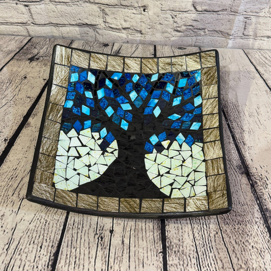 30cm Tree Of Life Blue Grey Square Mosaic Handmade Ceramic Glass Tile Bowl Fruit0