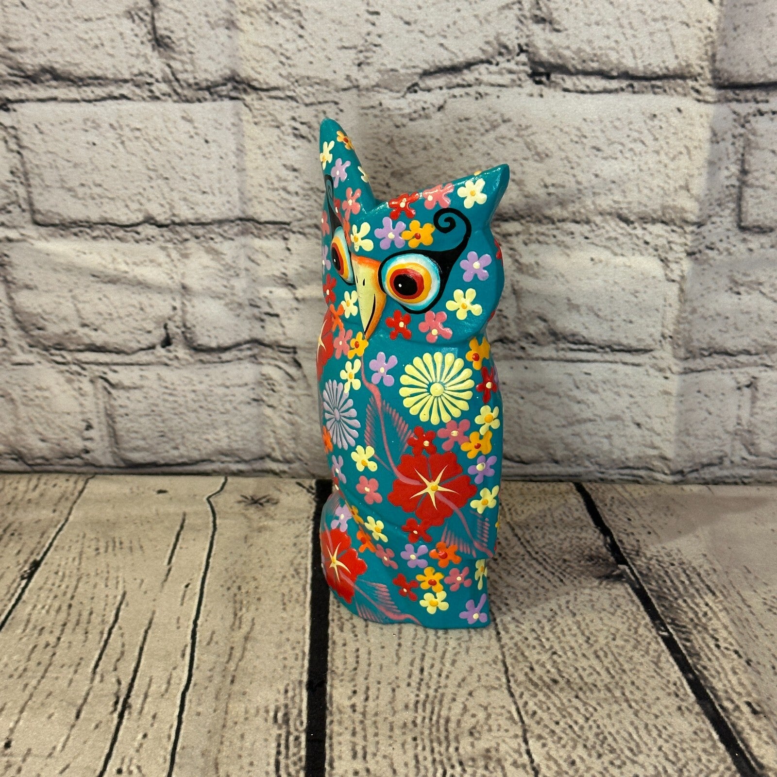 Blue Medium Wooden Owl With Flower Pattern 15cm x 8cm Handmade and Fairtrade1