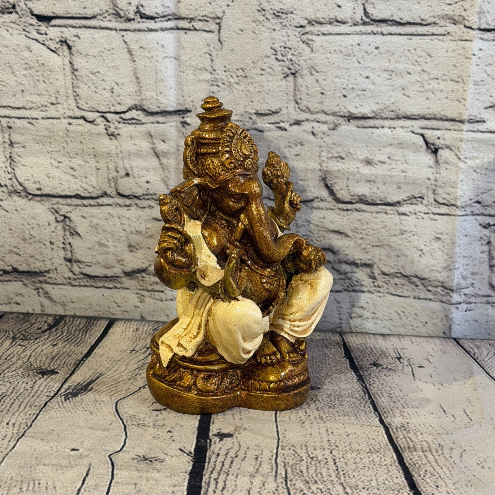 Cream & Bronze 18cm Large Ganesh Ganesa Sitting On Lotus Statue Resin Hindu2