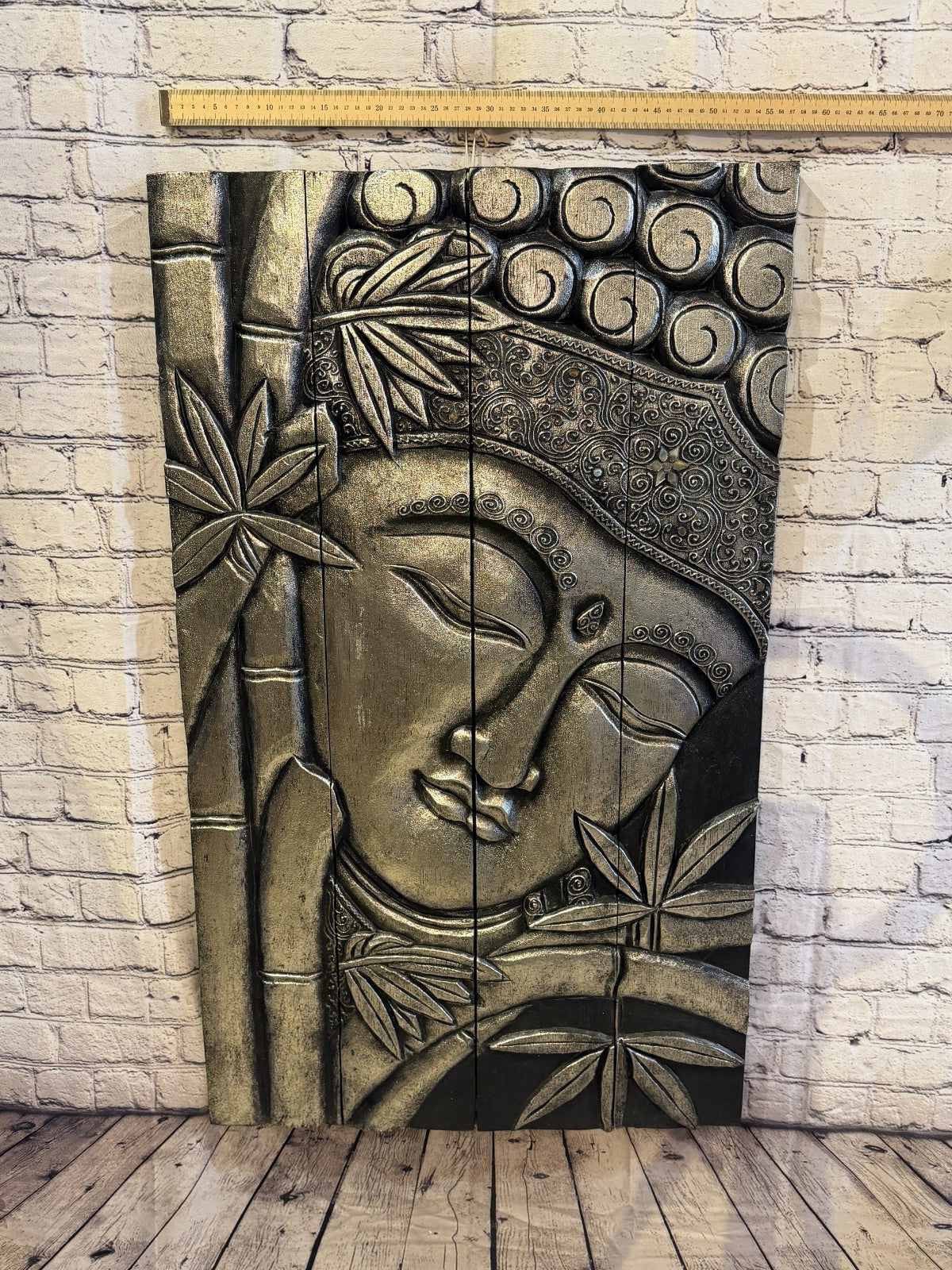 100cm x 60cm Silver Black Buddha Wall Art Plaque Handcarved Wooden Wood Panel3