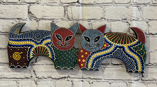 50cm 2 Cats Carved Wooden Dot Painted Ethnic Tribal Tiki Wall Art Handmade No 10